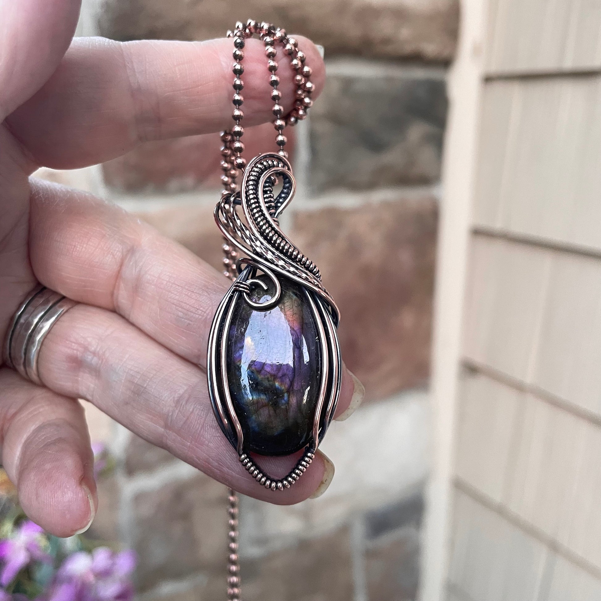 Purple Oval Labradorite Copper Pendant