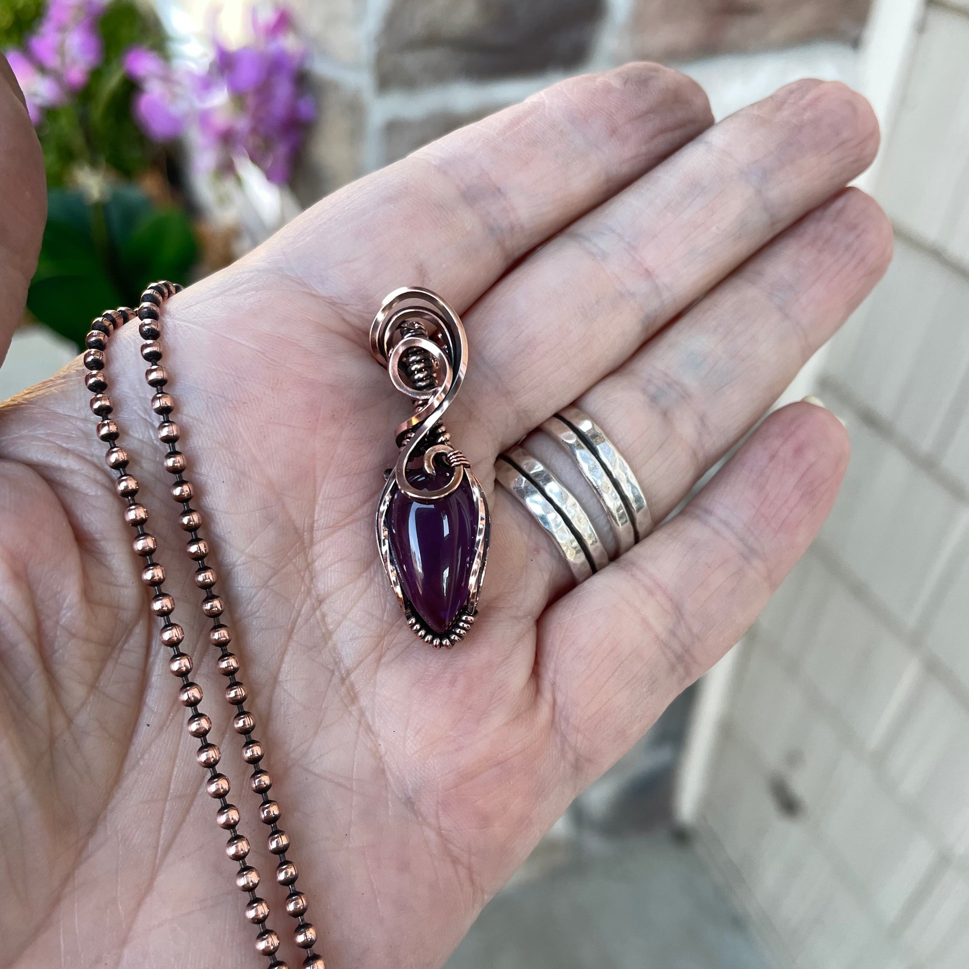 Amethyst Small Swirly Copper Pendant