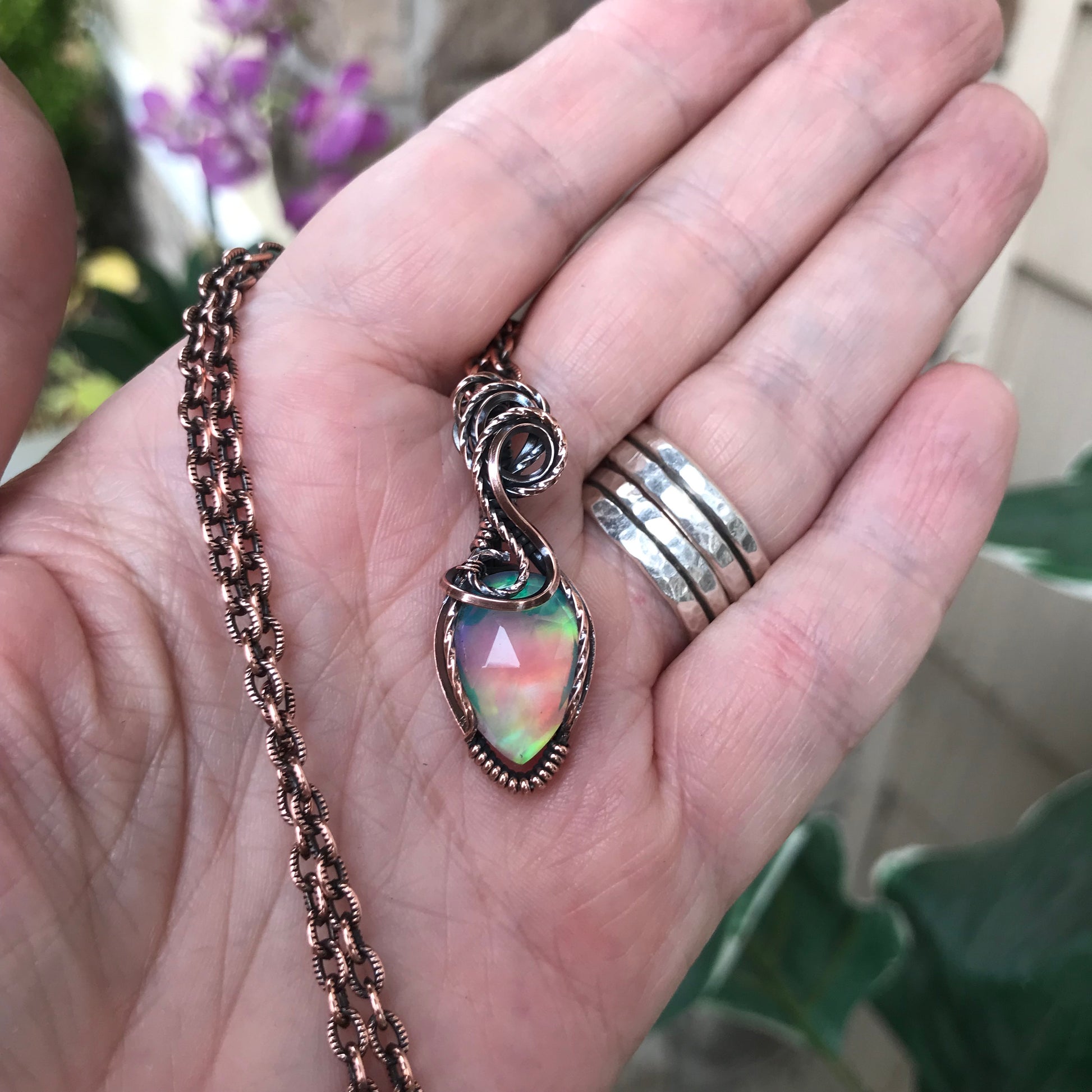 Aurora Opal Small Teardrop Copper Pendant