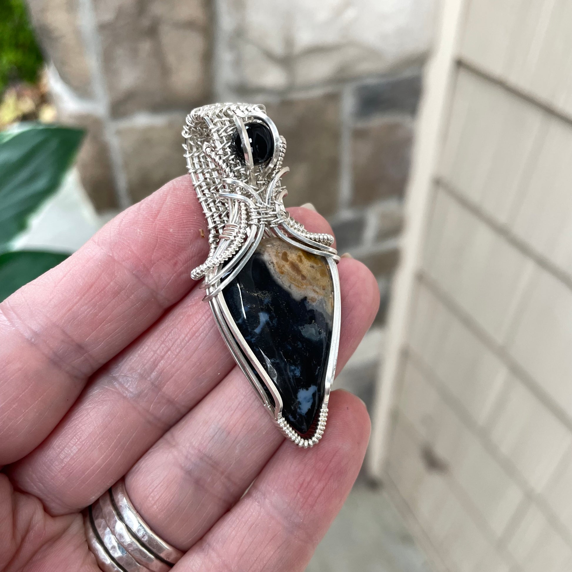CUSTOM - Petrified Palm Root Agate & Onyx Silver Necklace