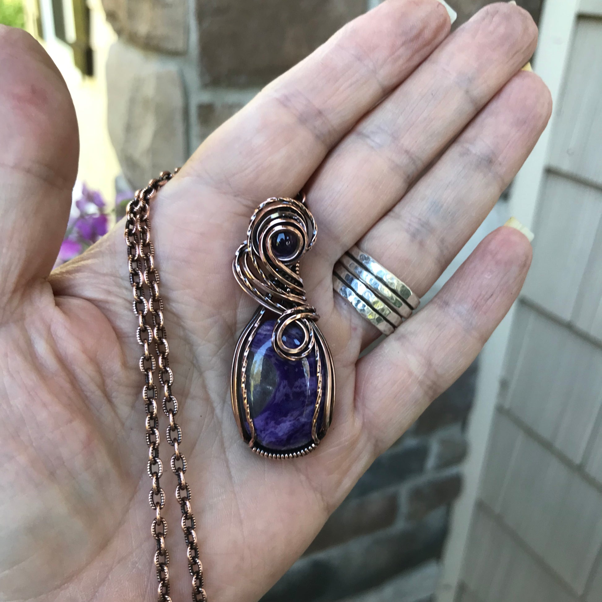 Charoite & Amethyst Oval Copper Pendant