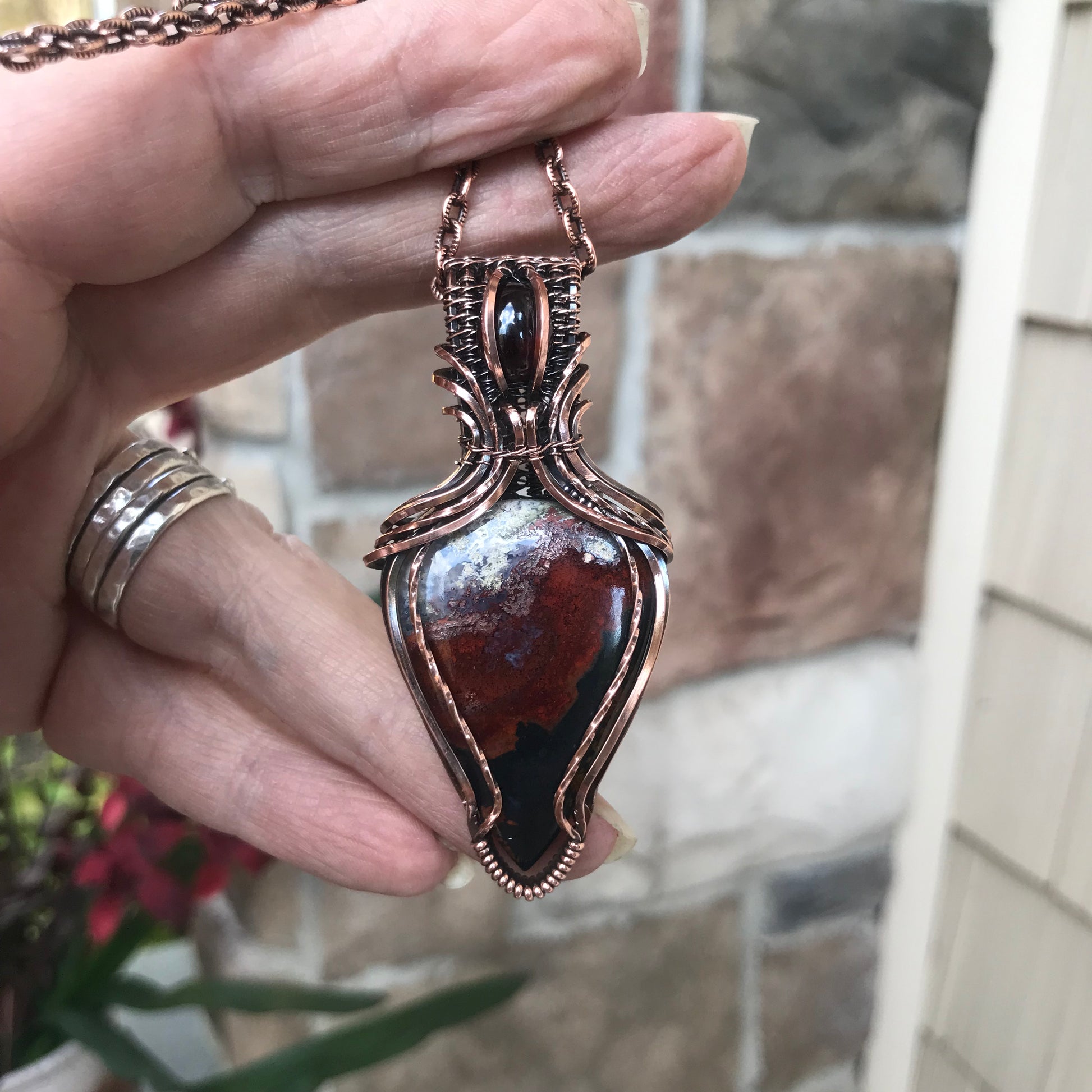 Maroon Crazy Lace Agate & Garnet Copper Pendant