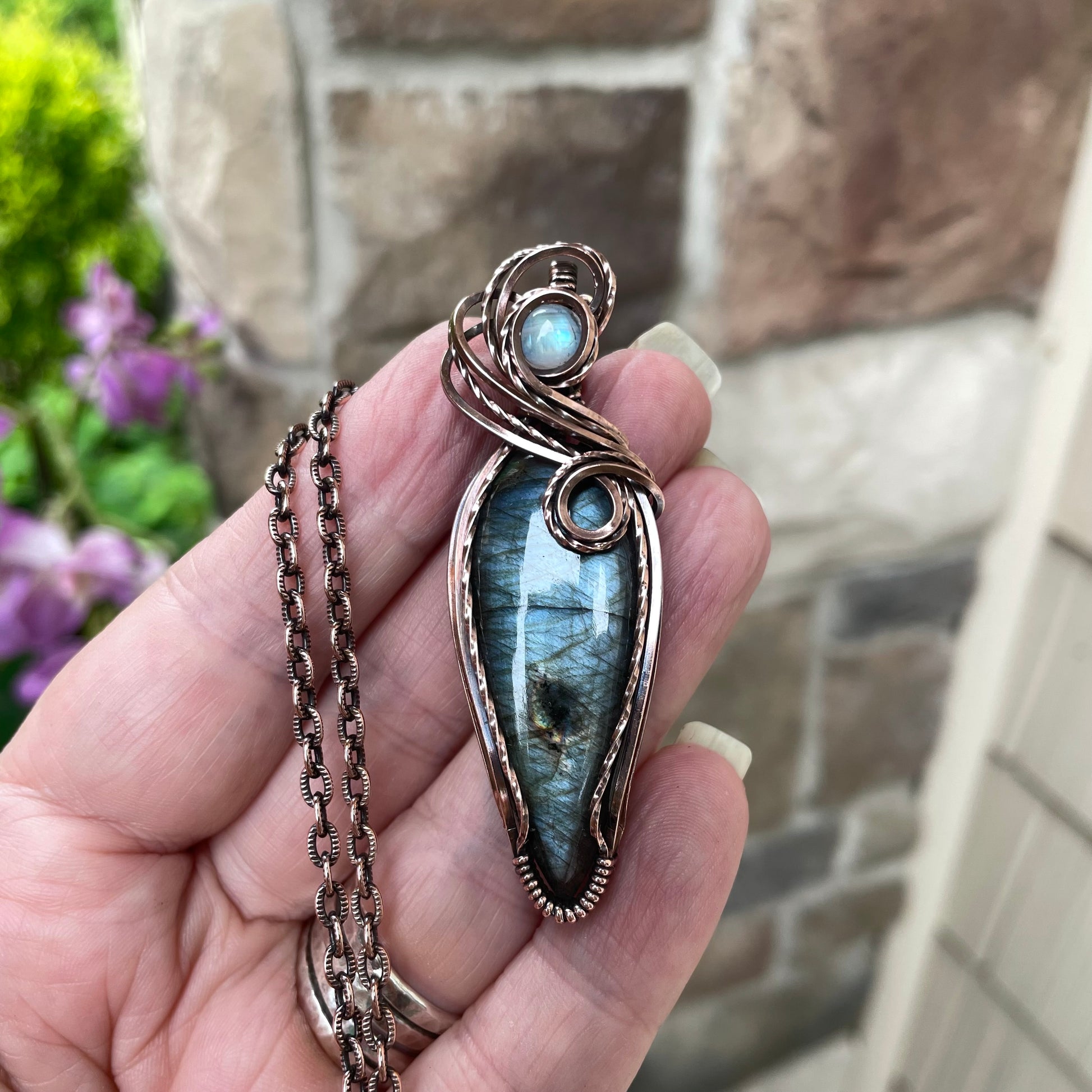 Slate Blue Slender Labradorite & Moonstone Copper Pendant