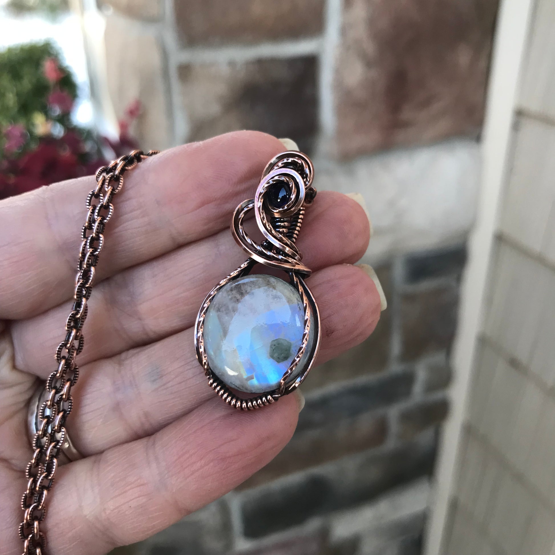 Rainbow Moonstone & Iolite Copper Pendant