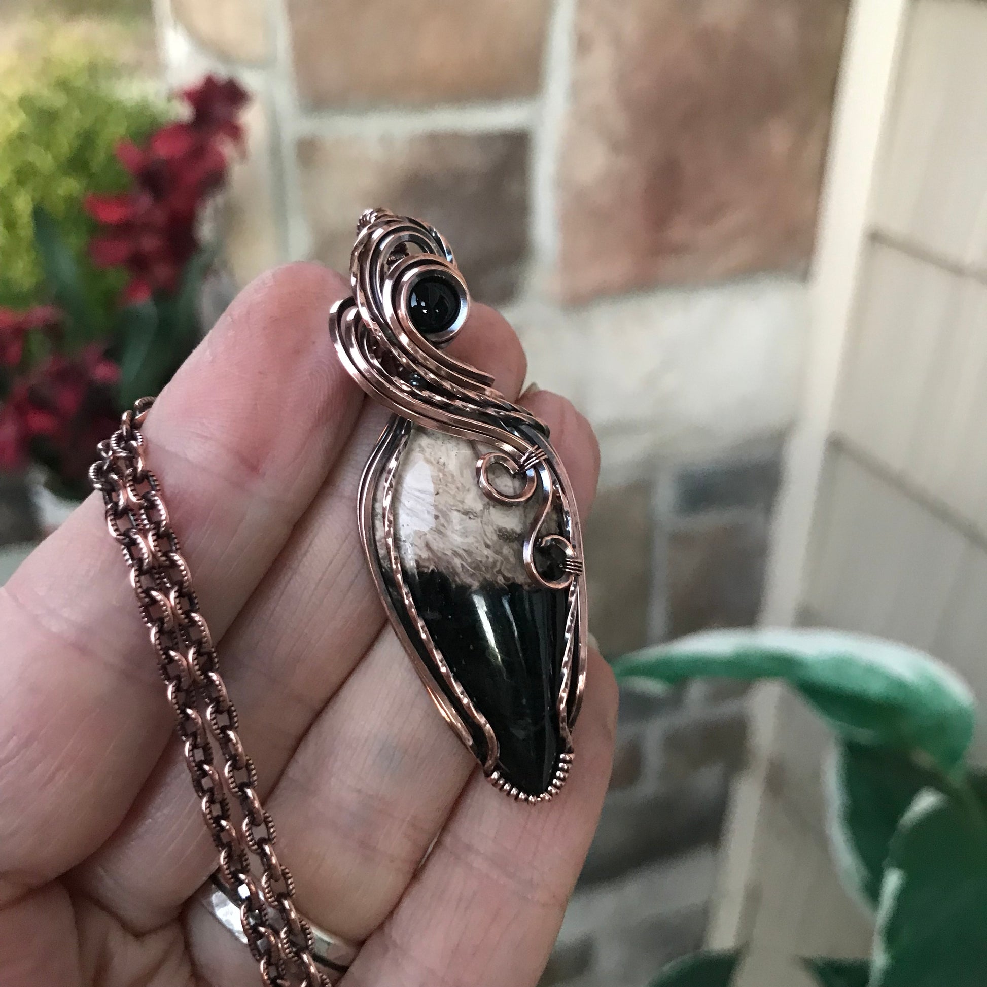 Petrified Palm Wood (Bird's Eye Agate)  & Black Onyx Copper Necklace