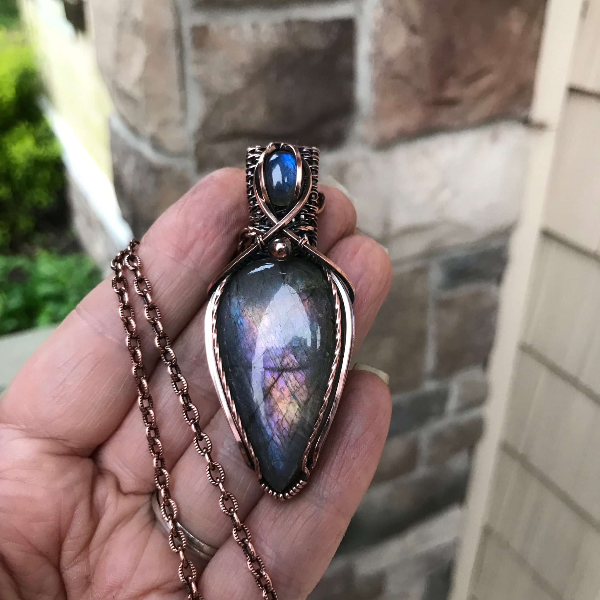 Rainbow Blue Labradorite Copper Pendant with Woven Bail