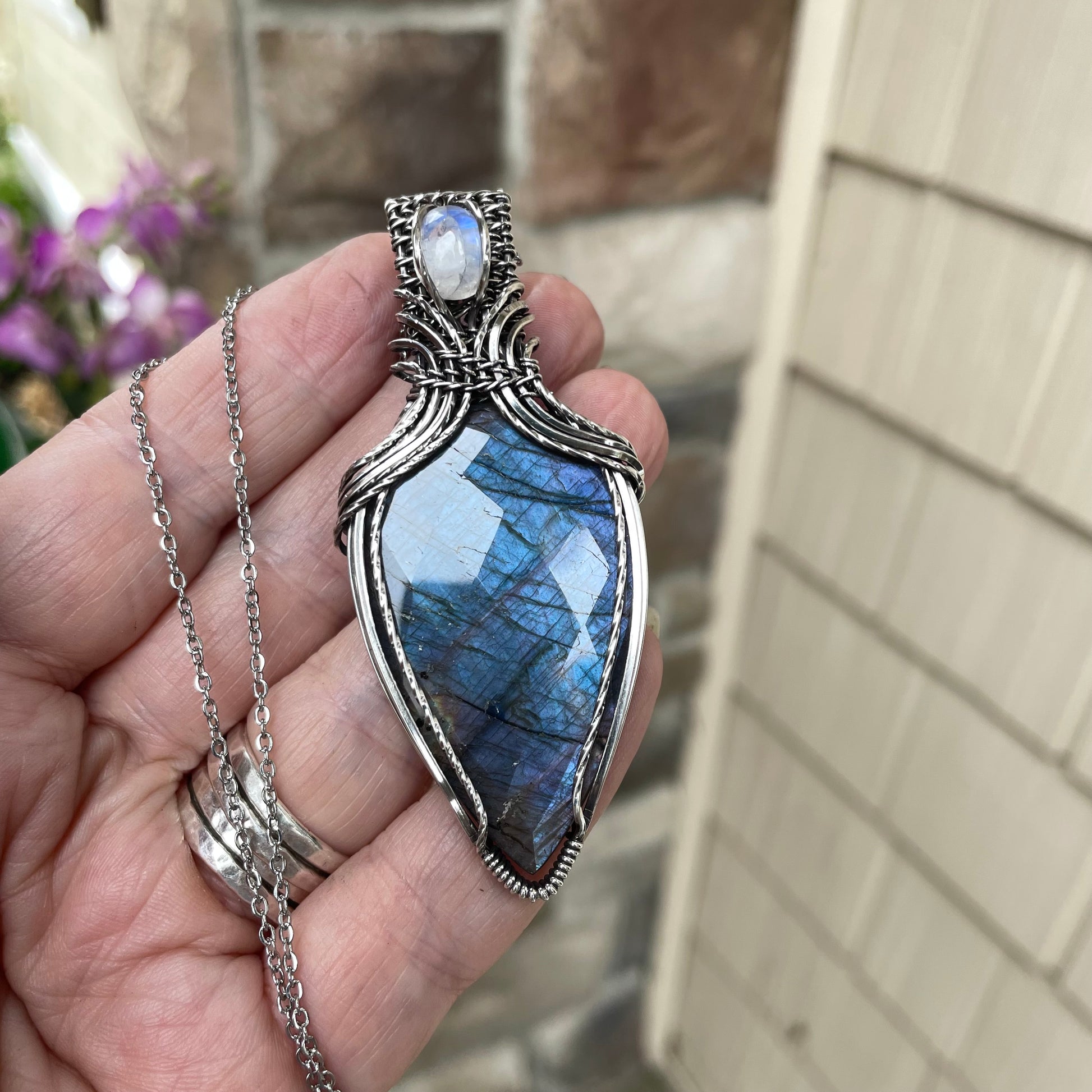 Indigo Labradorite & Moonstone Silver Necklace with Weaving