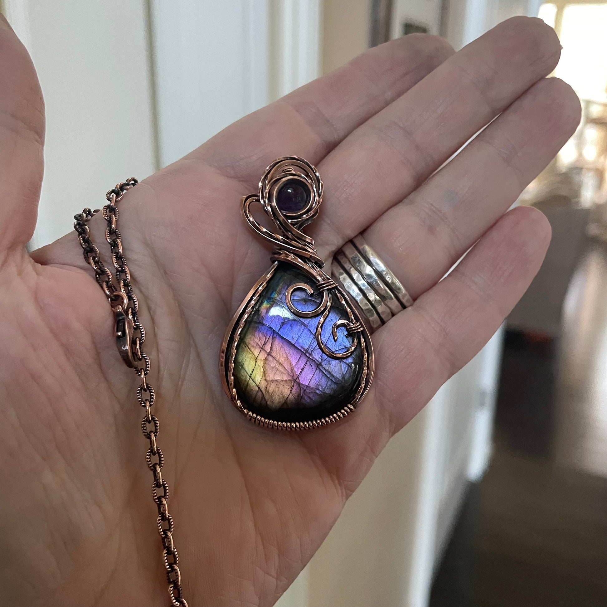 Rainbow Labradorite & Amethyst  Copper Pendant