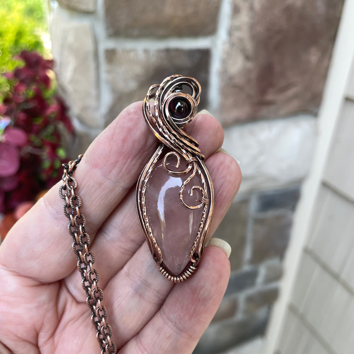 Rose Quartz & Garnet Swirly Copper Necklace