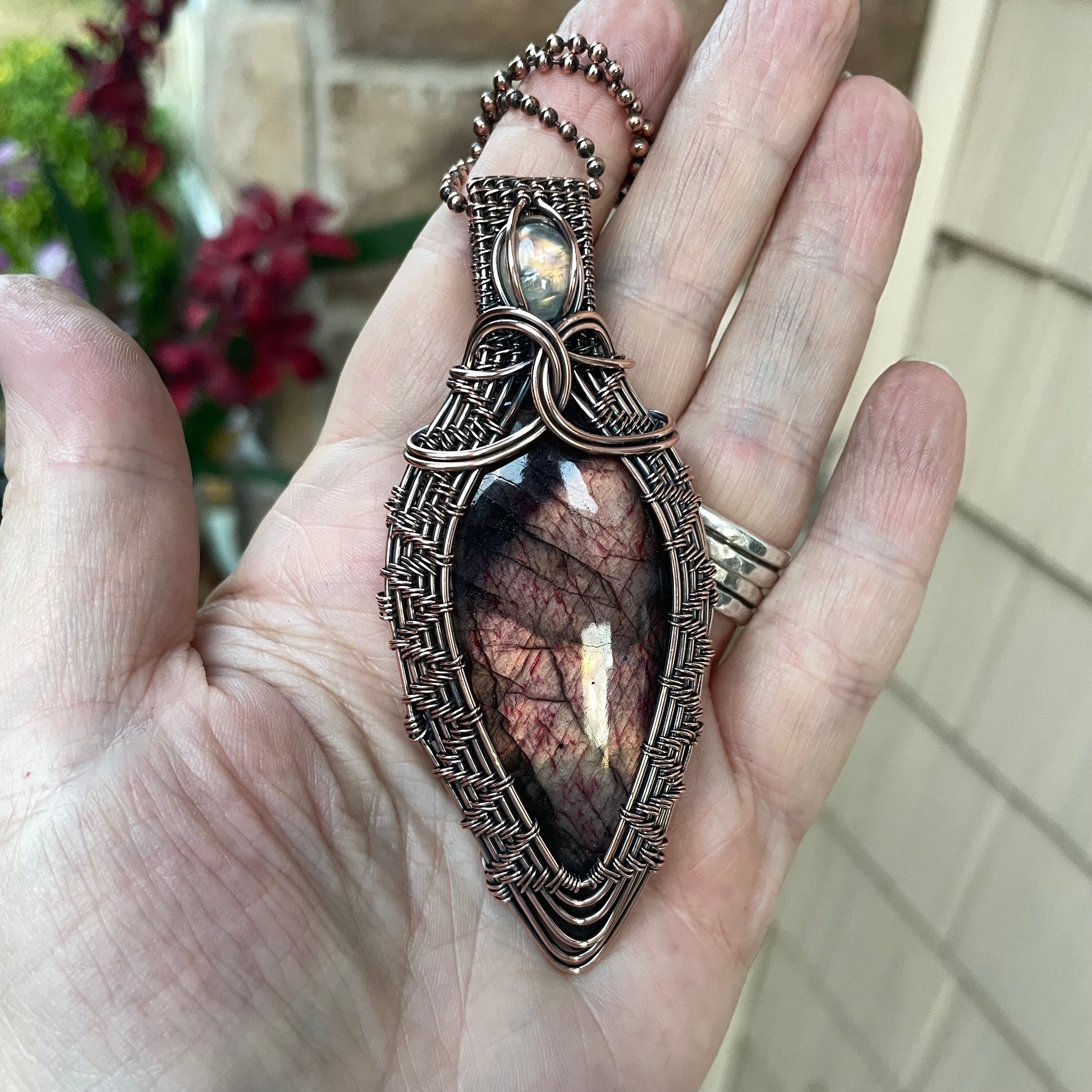 Maroon Gold Labradorite with Moonstone Woven Copper Pendant