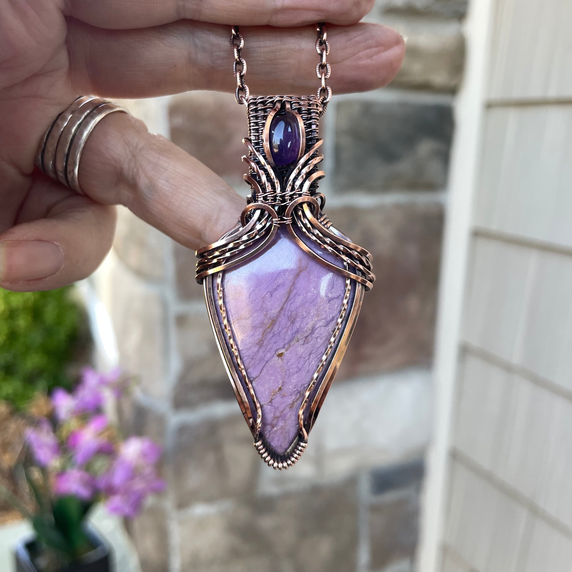 Phosphosiderite & Amethyst Copper Pendant with Weaving