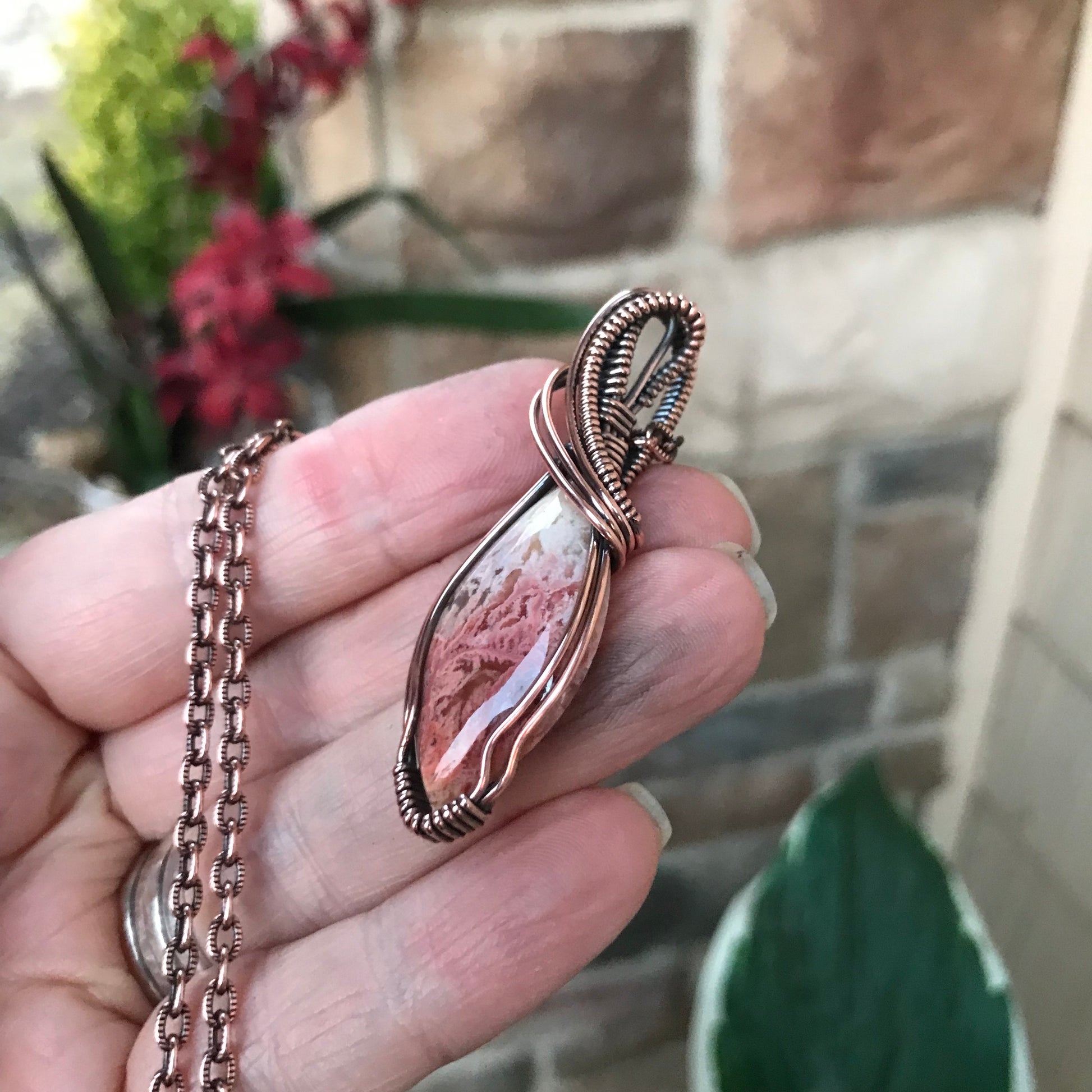 Feather Ridge Plume Agate Marquis Copper Pendant