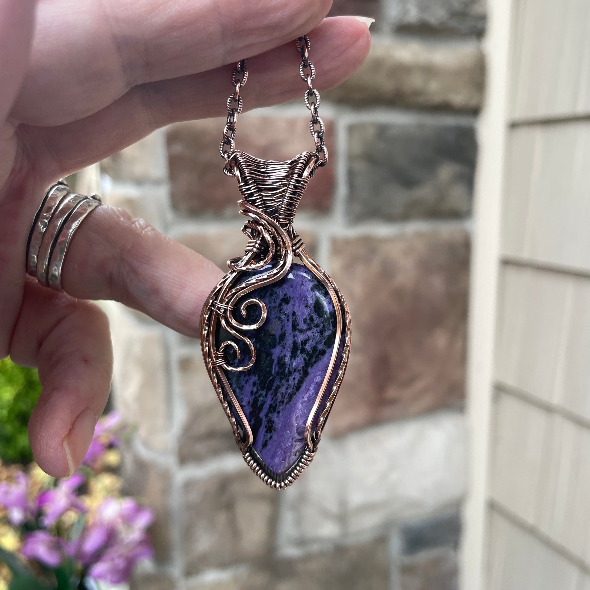 Charoite Swirly Copper Pendant with Woven Bail
