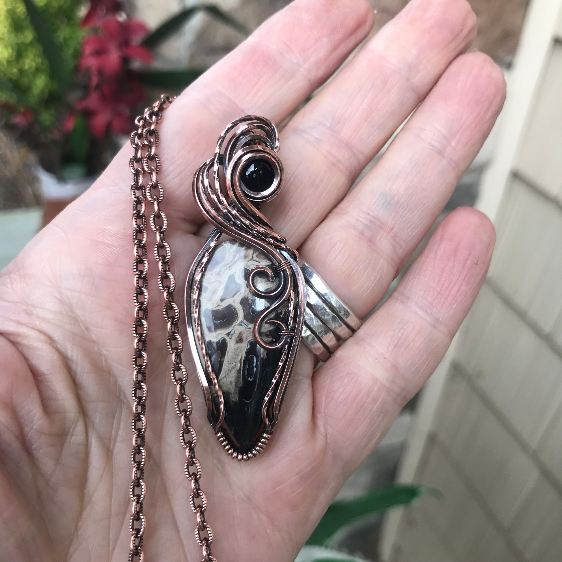 Petrified Palm Root & Black Onyx Copper Necklace