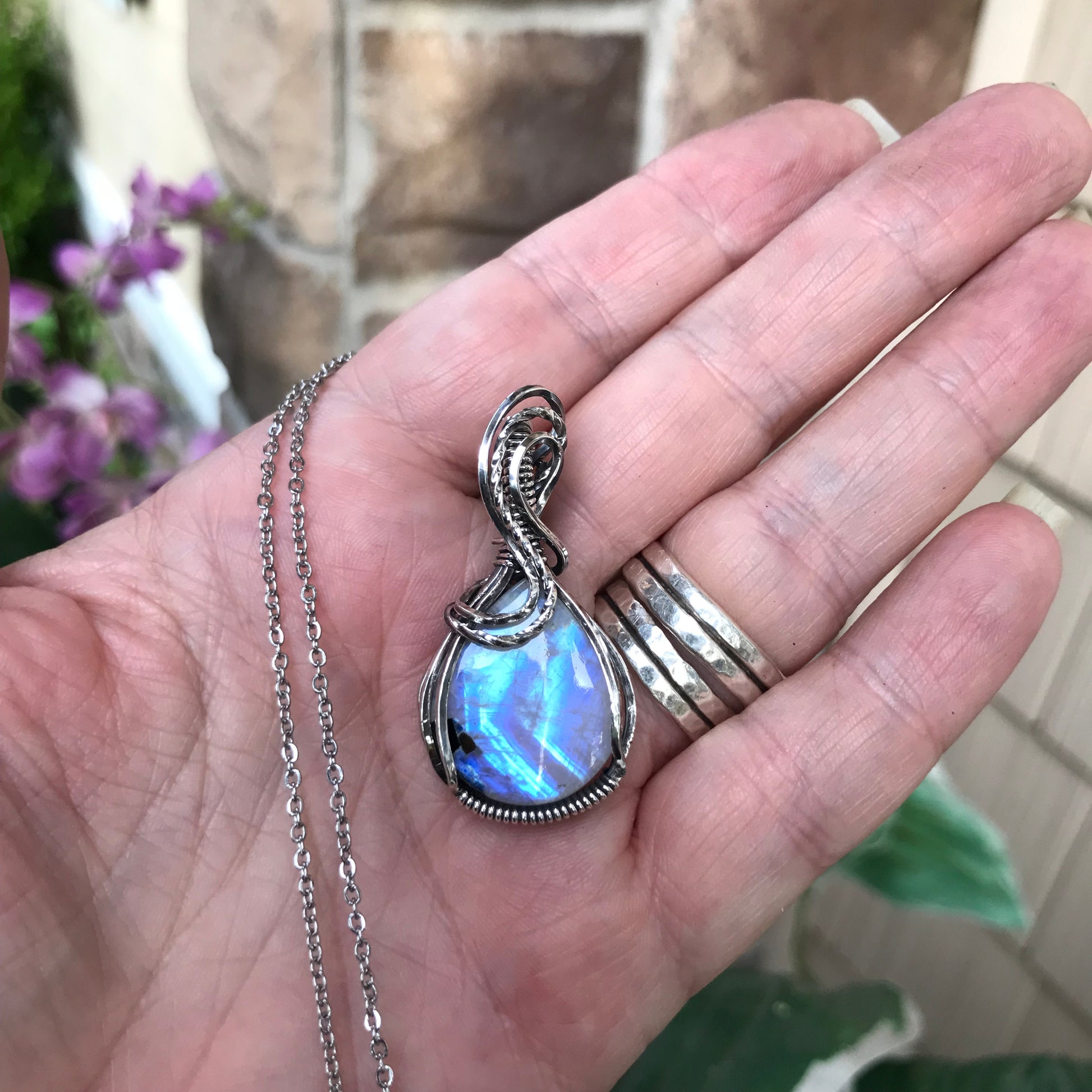Moonstone with Black Tourmaline Sterling Silver Pendant