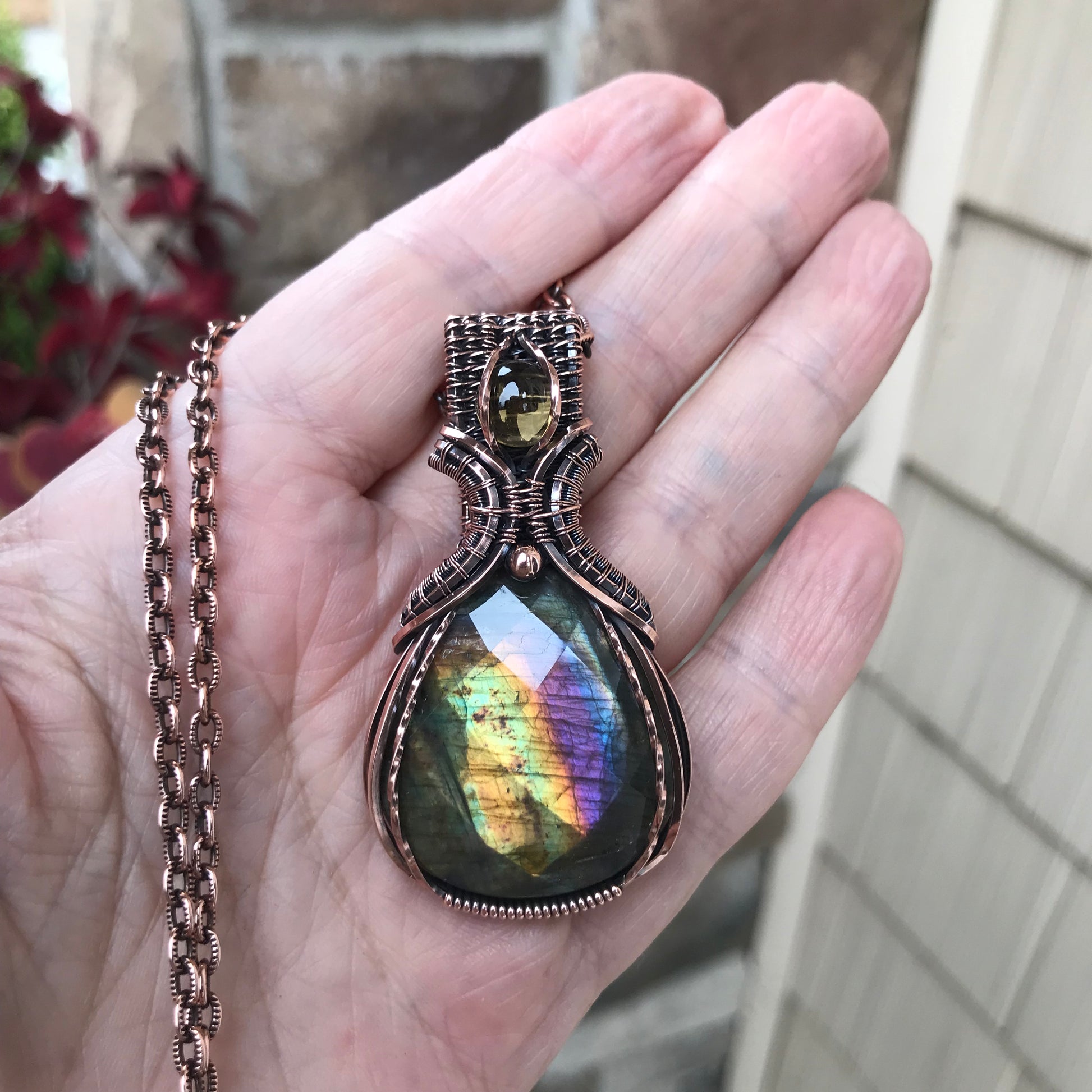 Yellow Purple Faceted Labradorite & Citrine Copper Pendant