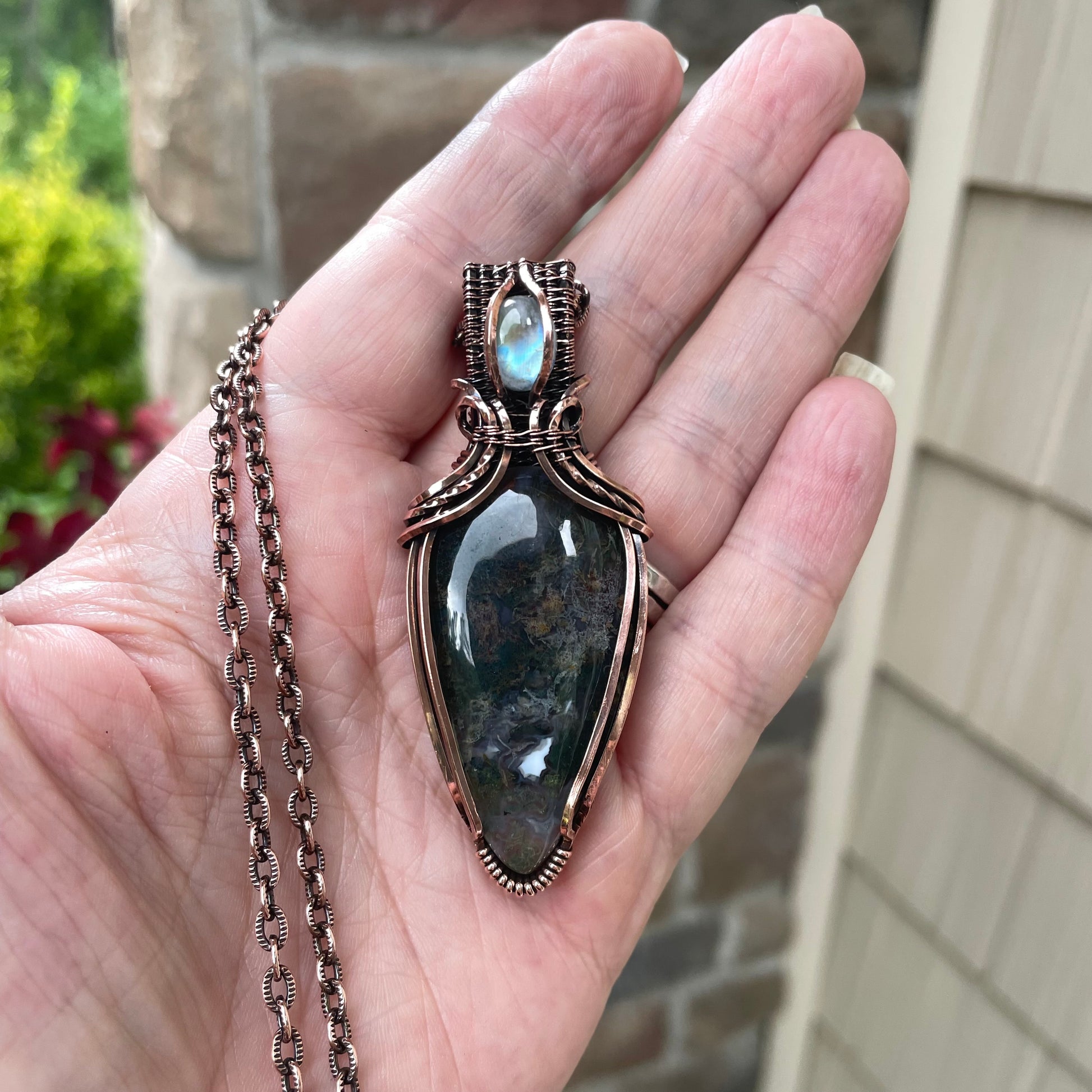 Moss Agate & Moonstone Copper Necklace with Weaving
