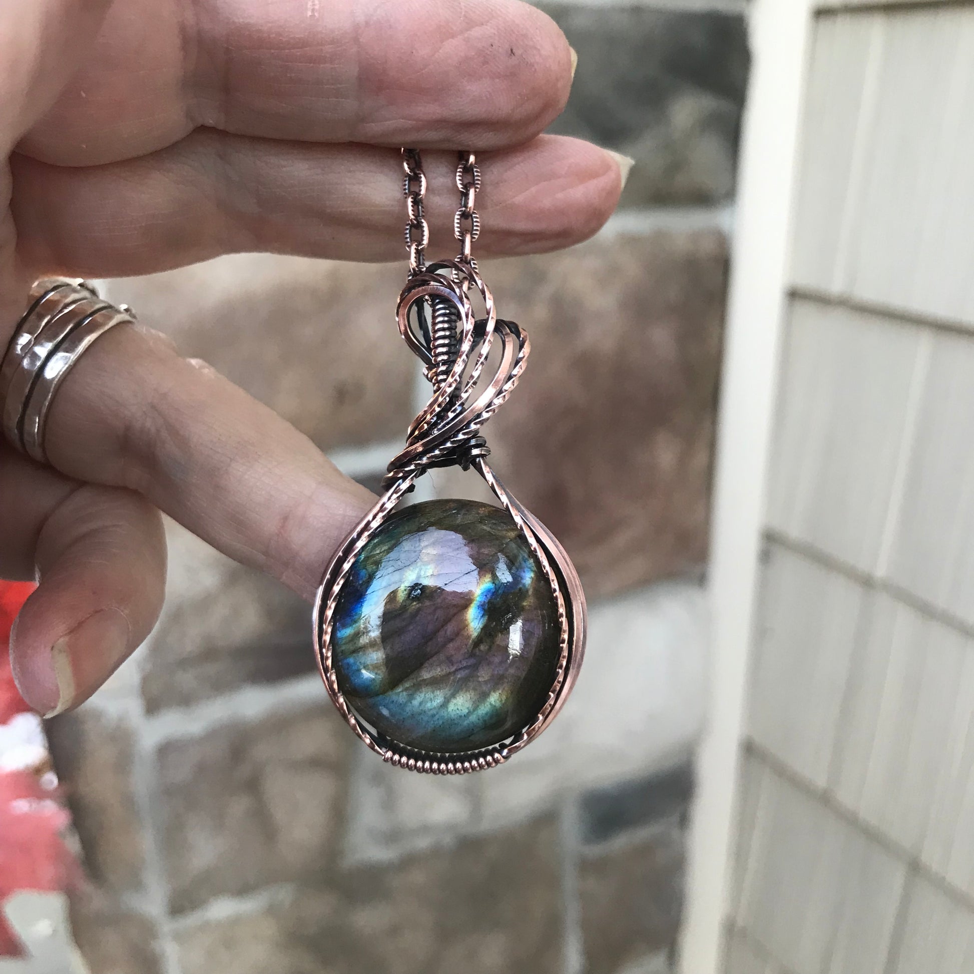 Rainbow Labradorite Round Copper Pendant
