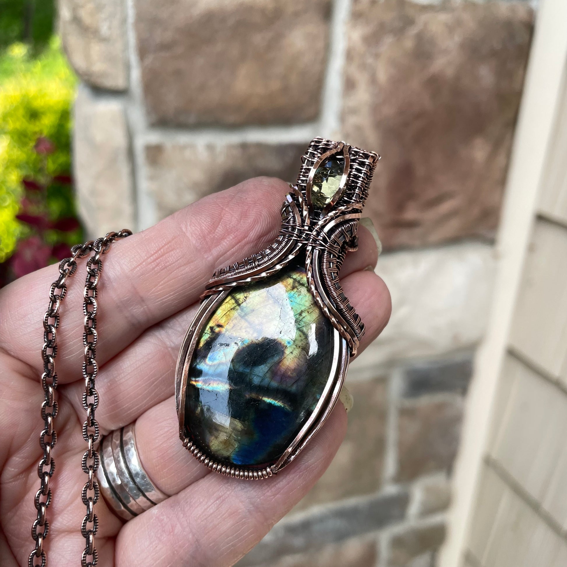 Yellow Orange Labradorite & Lemon Quartz Oval Copper Necklace with Weaving