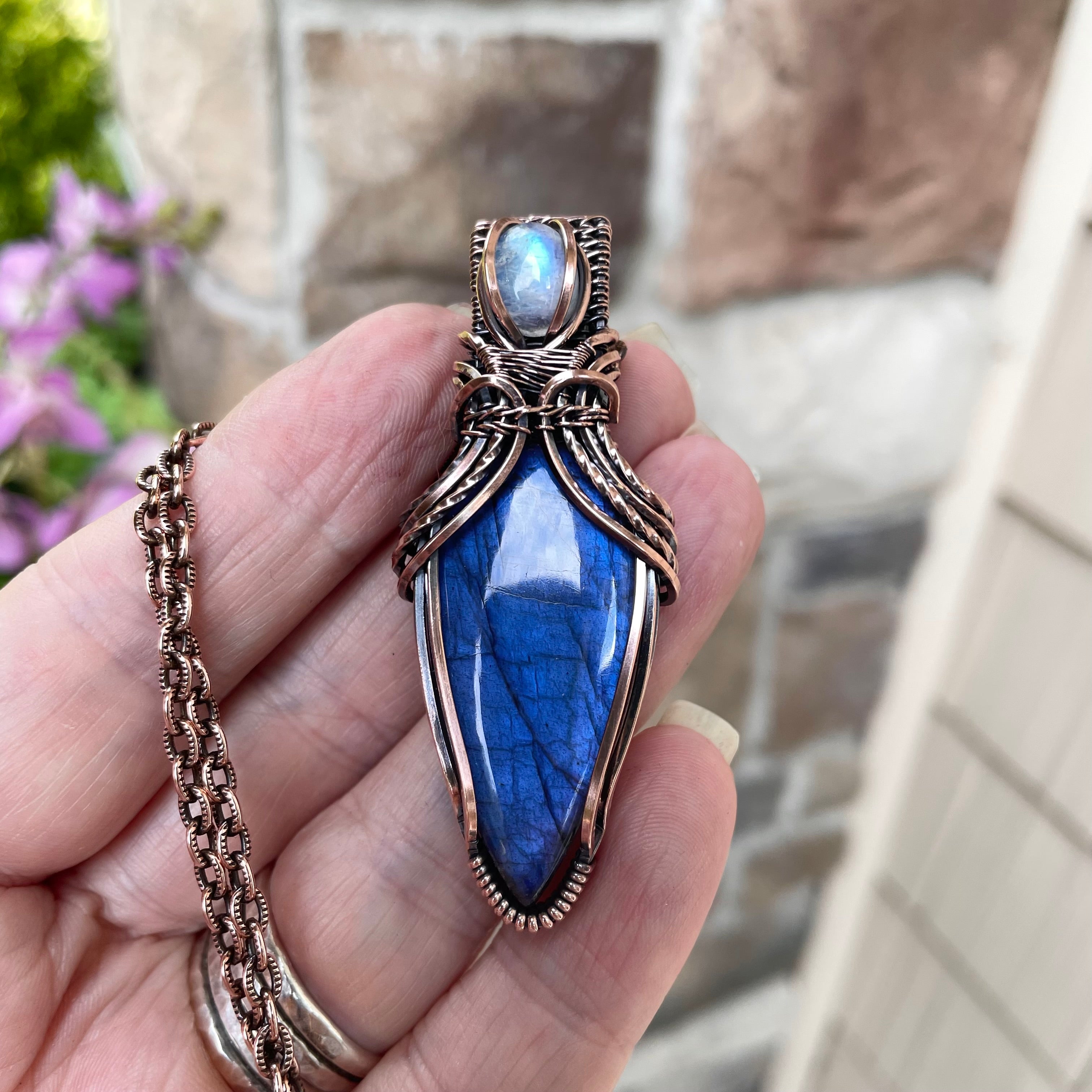 Blue Labradorite & Moonstone Copper Pendant with Weaving