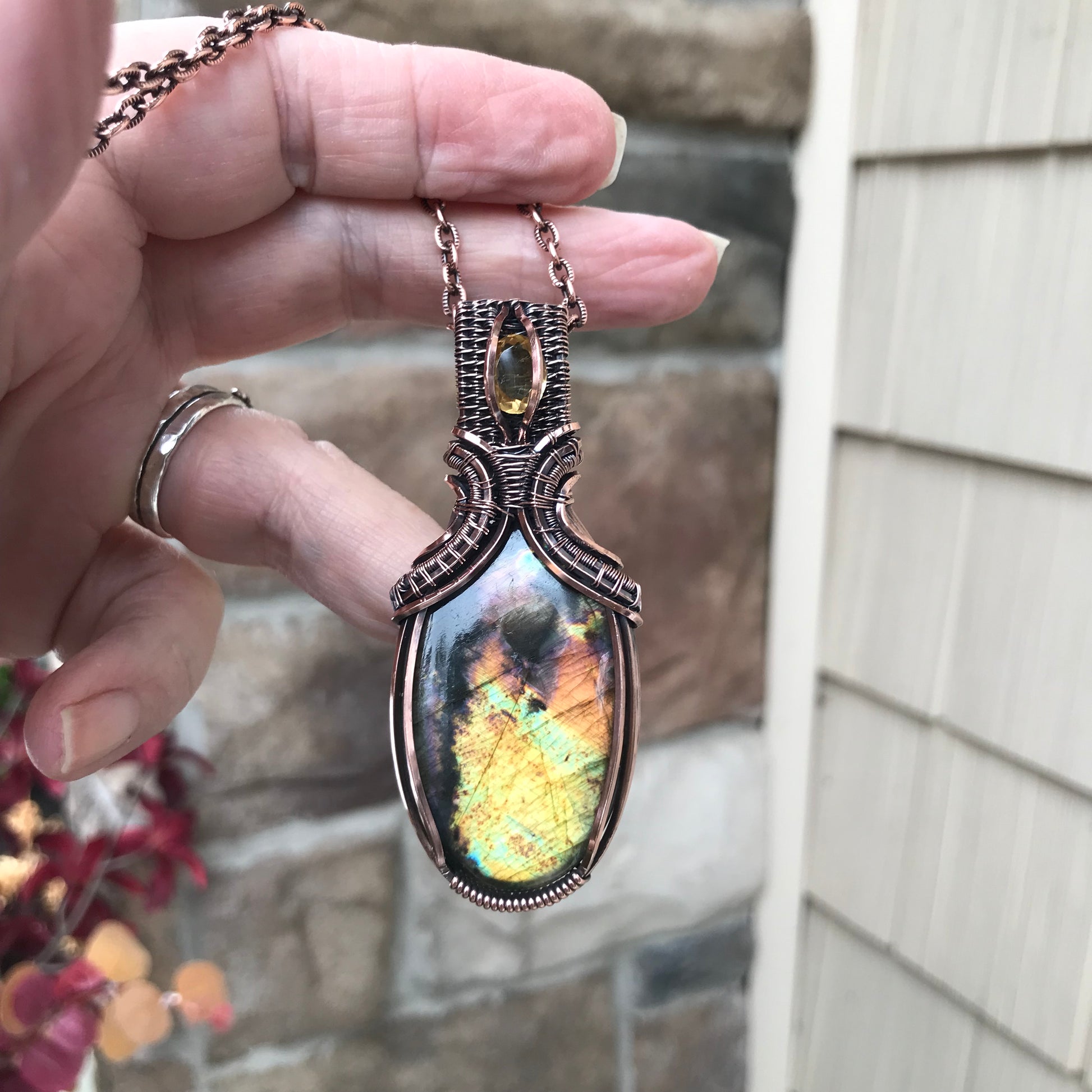 Yellow Orange Black Labradorite & Citrine Copper Pendant
