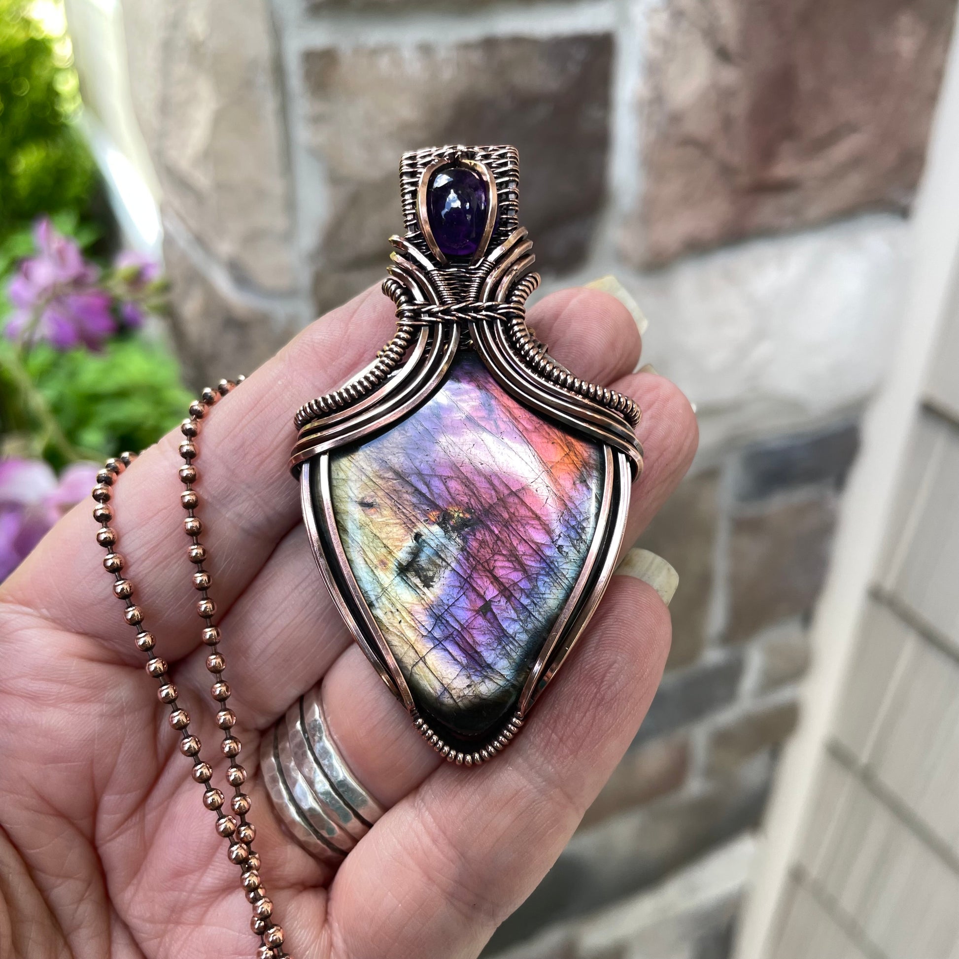 Rainbow Labradorite & Amethyst Copper Pendant