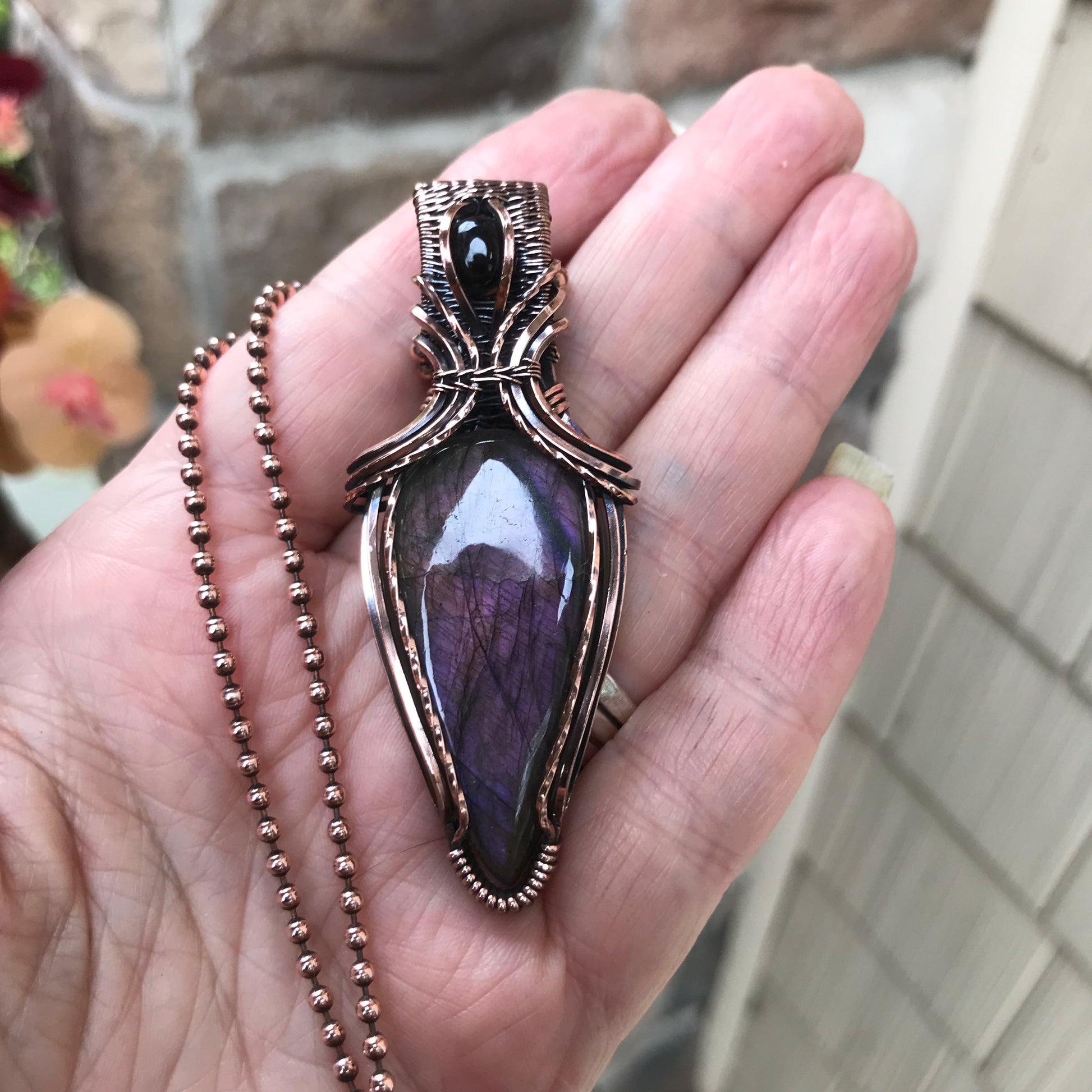 Purple Labradorite & Garnet Copper Pendant with Weaving