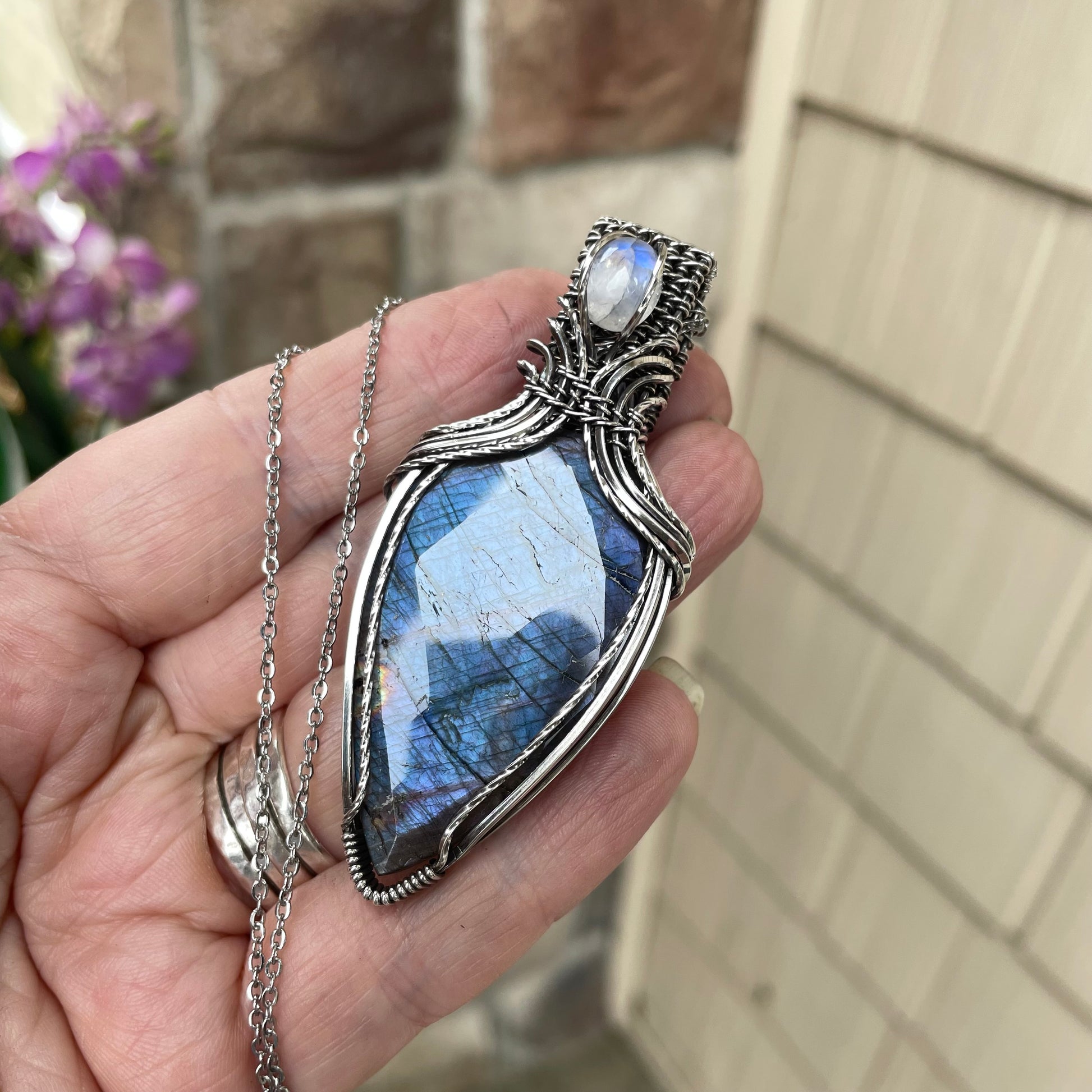 Indigo Labradorite & Moonstone Silver Necklace with Weaving