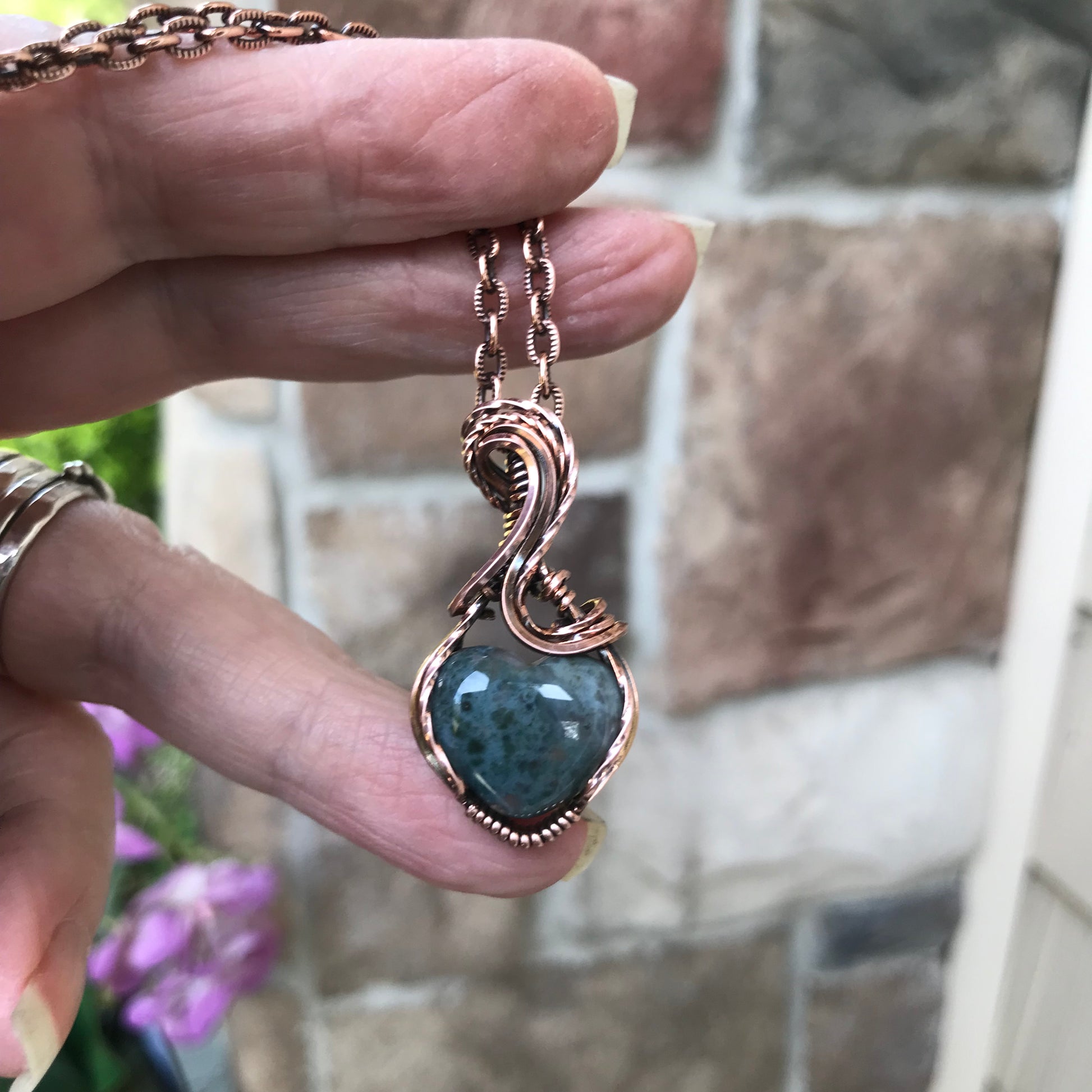 Moss Agate Heart Copper Necklace