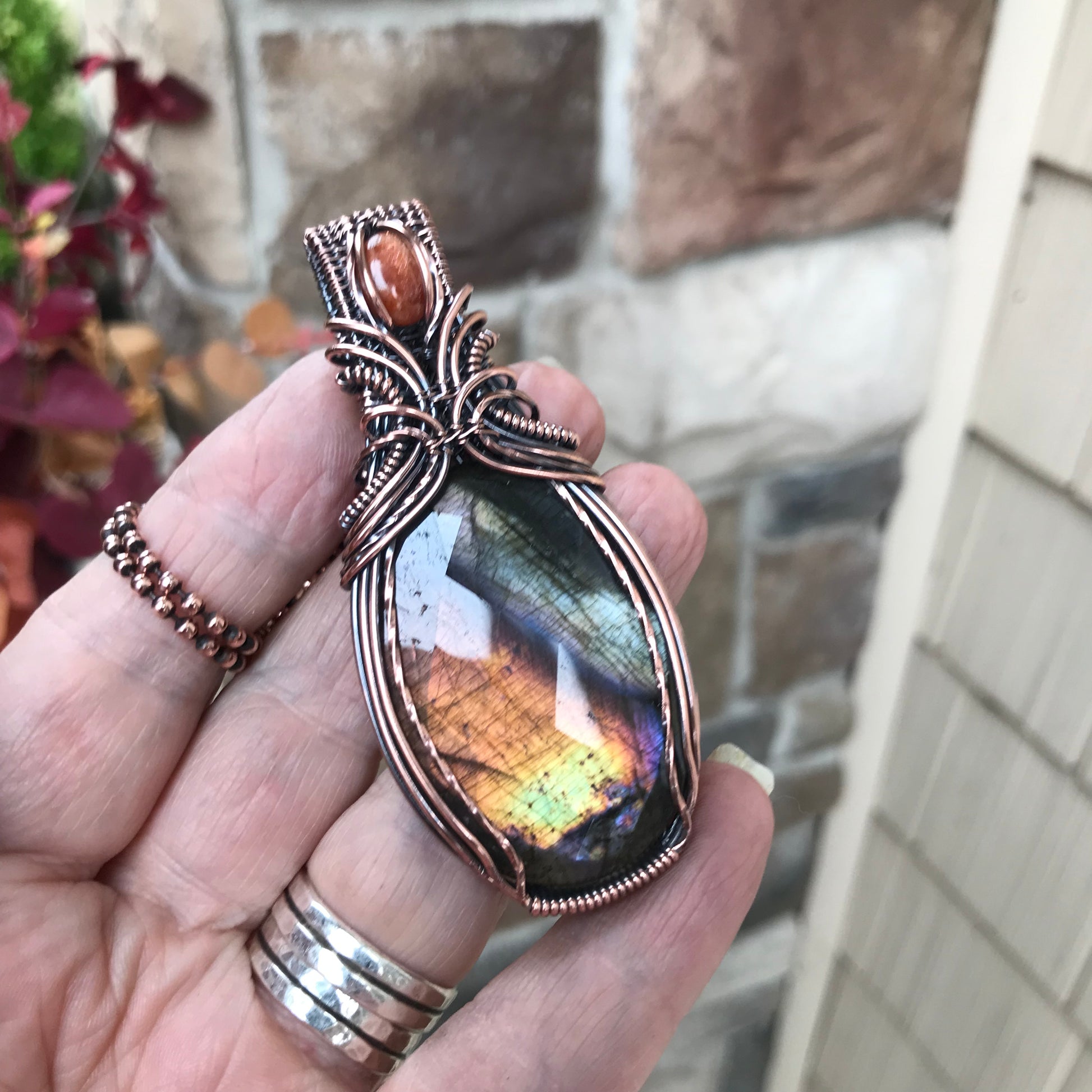 Yellow Amber Labradorite & Sunstone Copper Necklace with Weaving