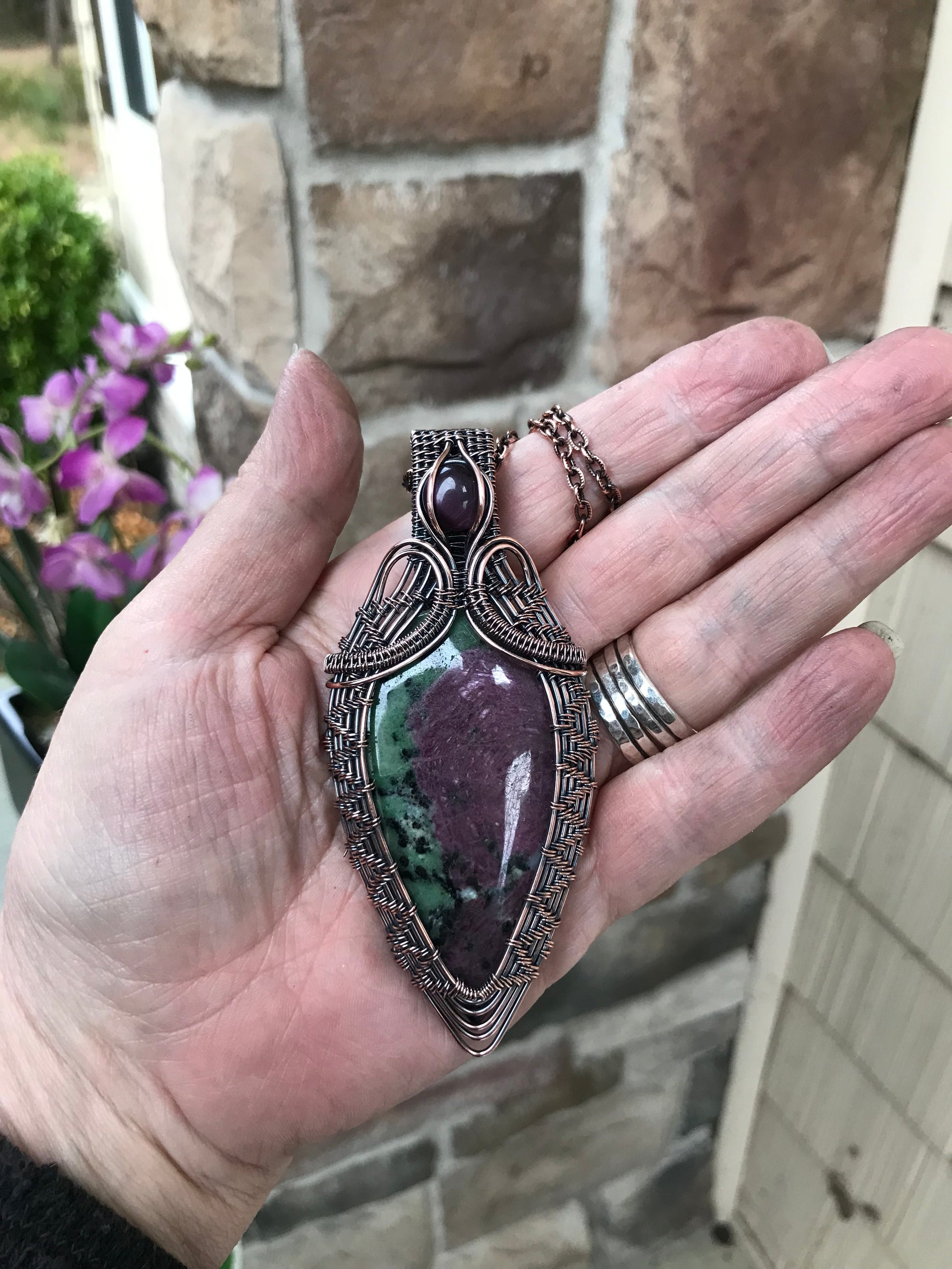 Ruby Zoisite & Pink Cat’s Eye Woven Copper Pendant