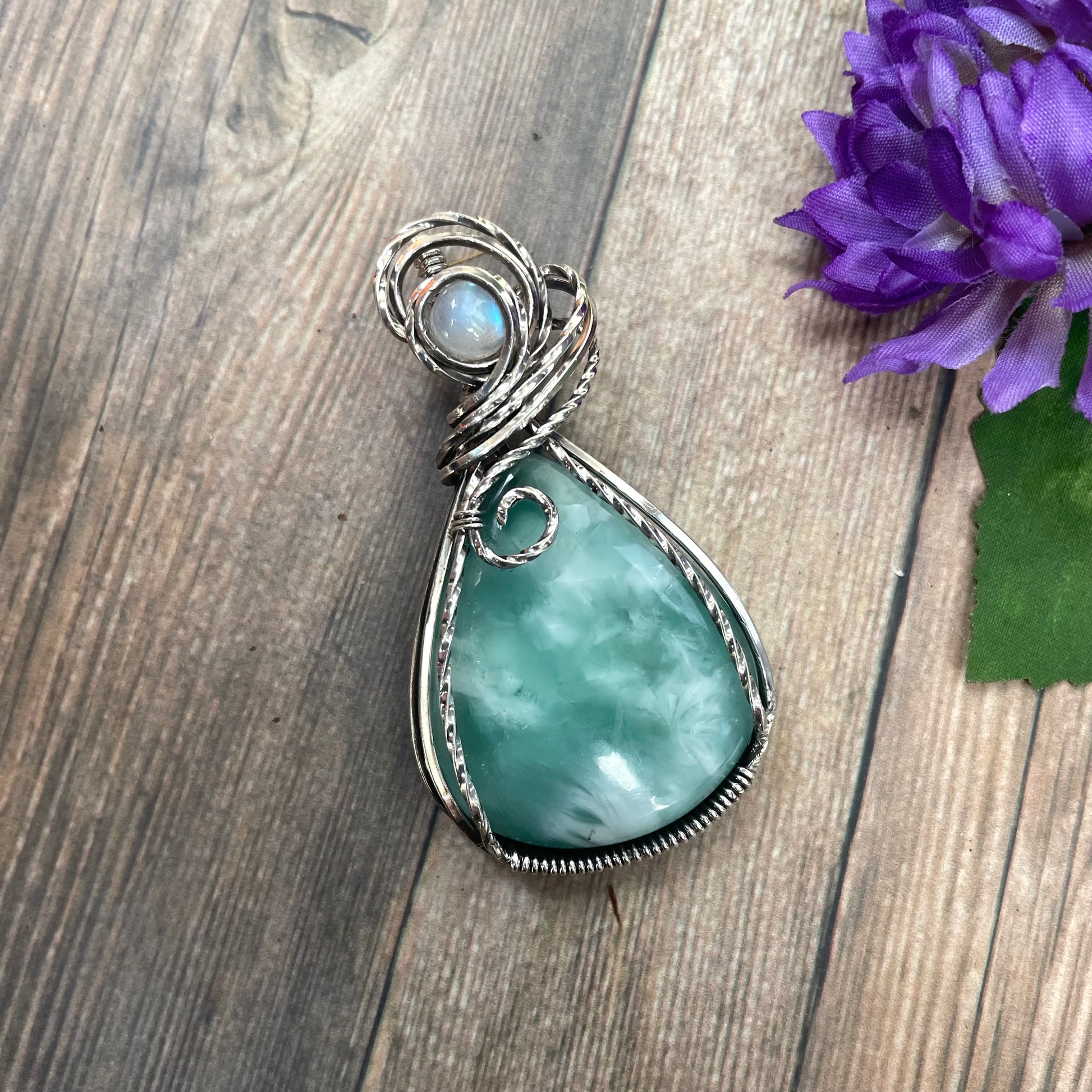 Hemimorphite & Moonstone Sterling Silver Pendant with Swirls