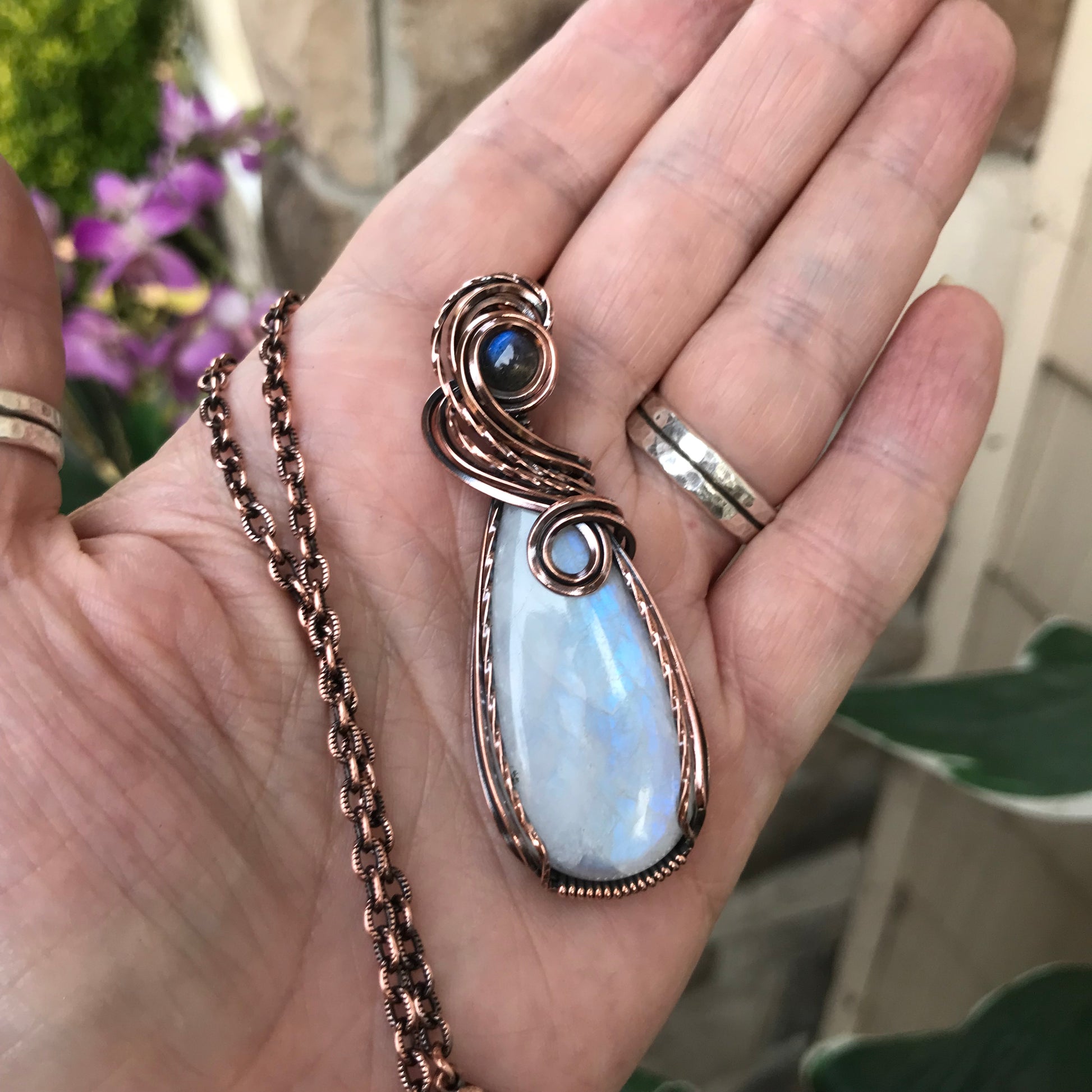 Rainbow Moonstone & Labradorite Copper Pendant