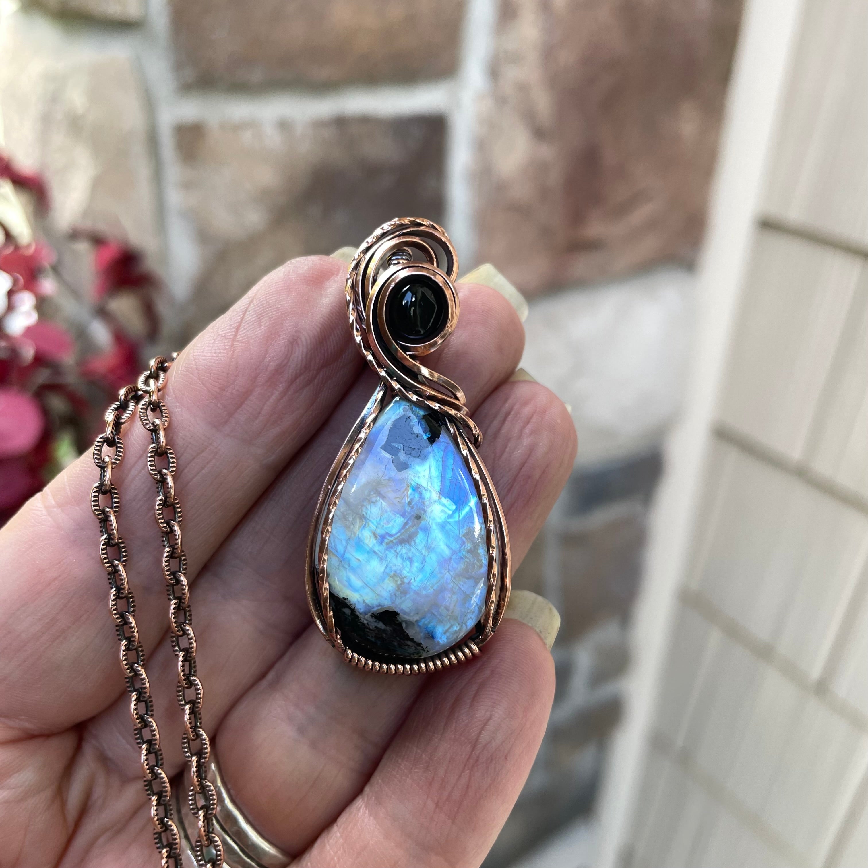 Moonstone & Black Onyx Copper Pendant