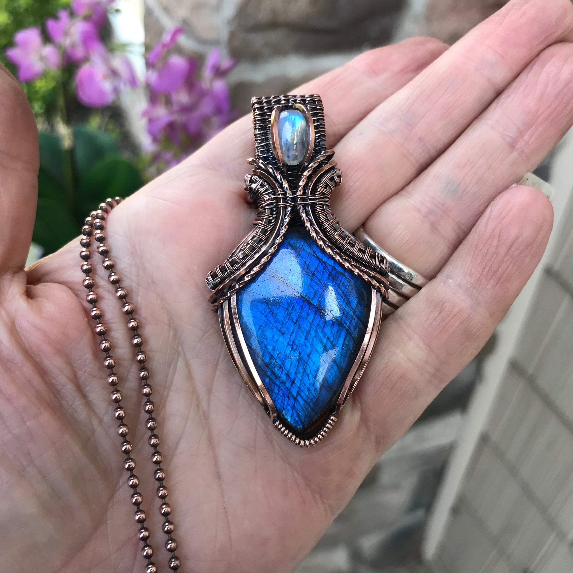 Blue Labradorite & Moonstone Copper Pendant with Weaving