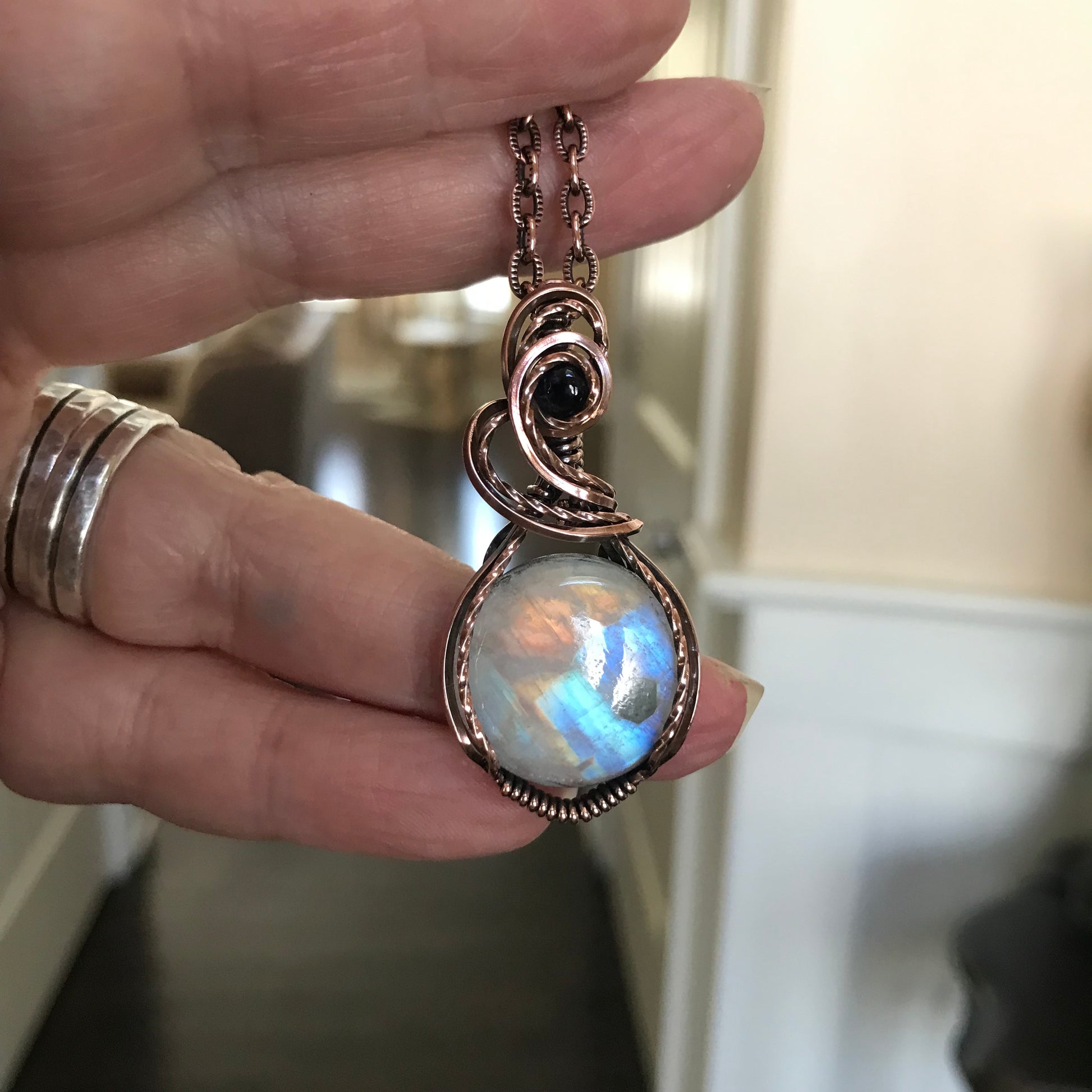 Rainbow Moonstone & Iolite Copper Pendant