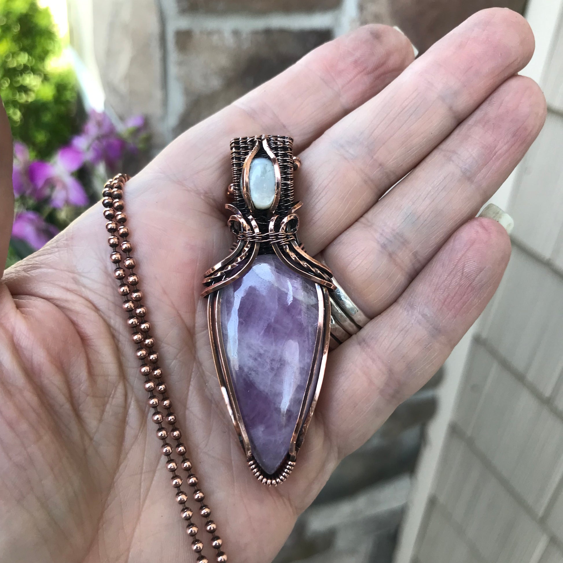 Kunzite & Mother of Pearl Copper Pendant with Weaving