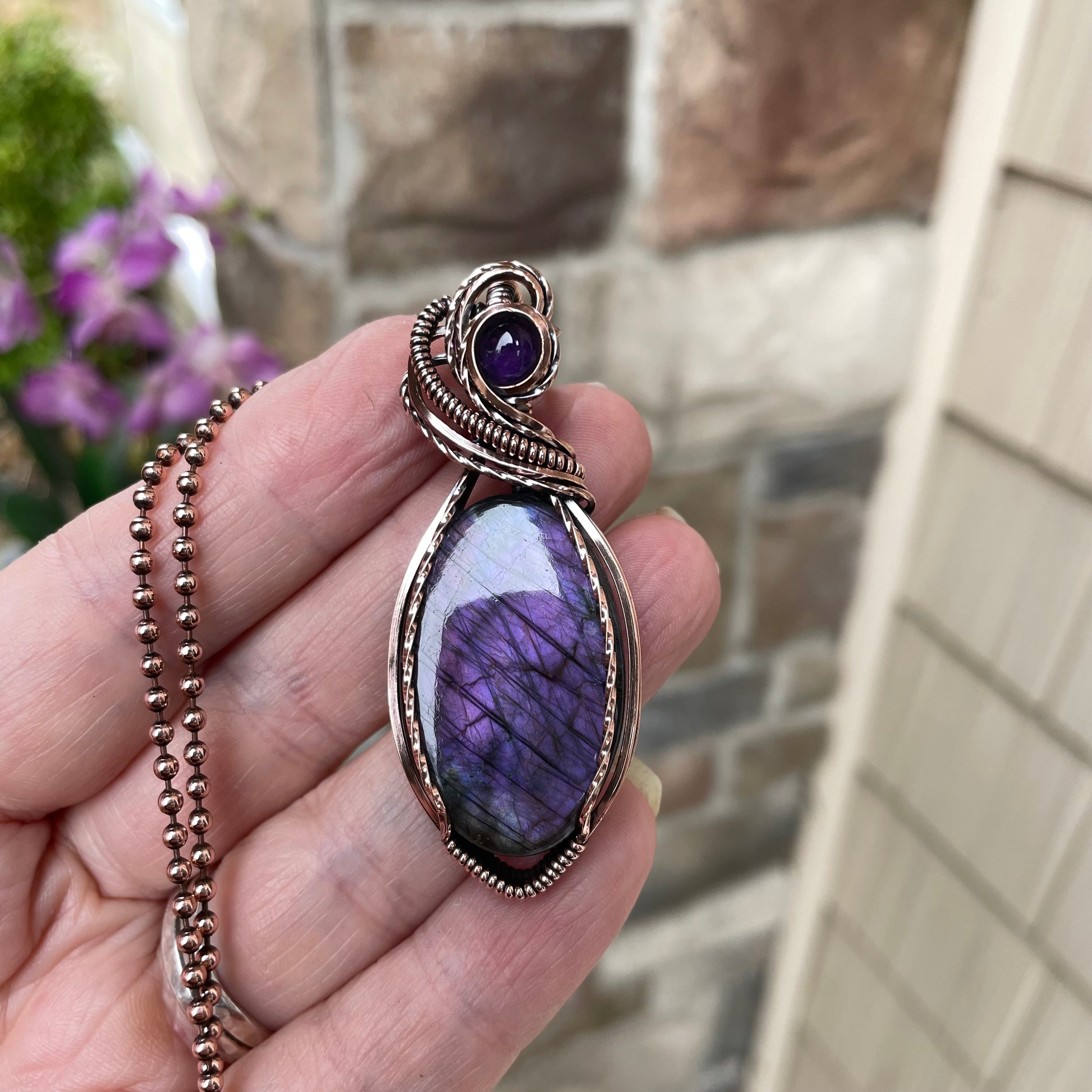 Purple Oval Labradorite & Amethyst Copper Pendant
