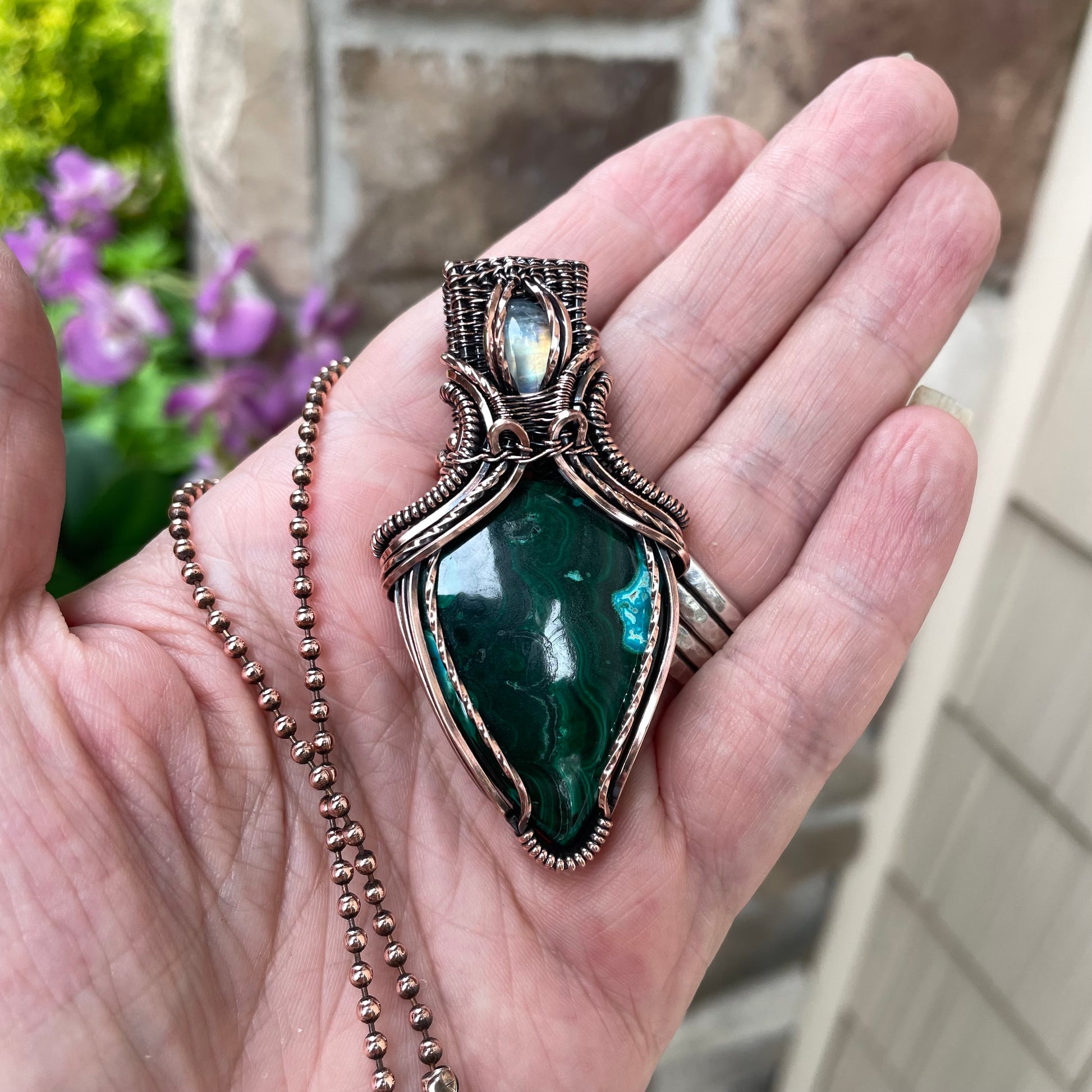 Malachite Chrysocolla & Moonstone Copper Pendant with Weaving