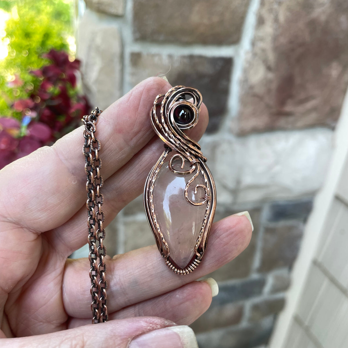 Rose Quartz & Garnet Swirly Copper Necklace