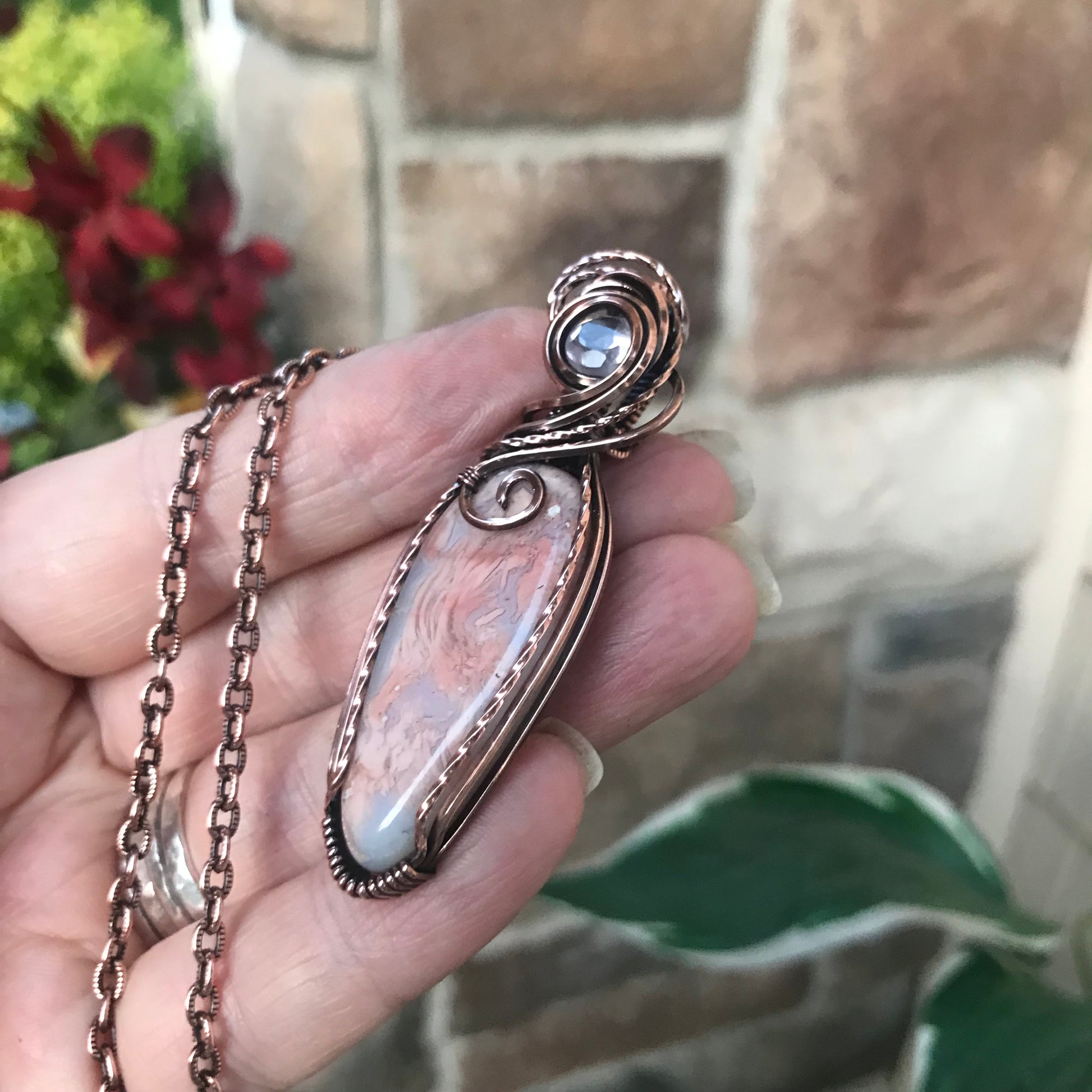 Cotton Candy Agate & Faceted Rose Quartz Copper Pendant