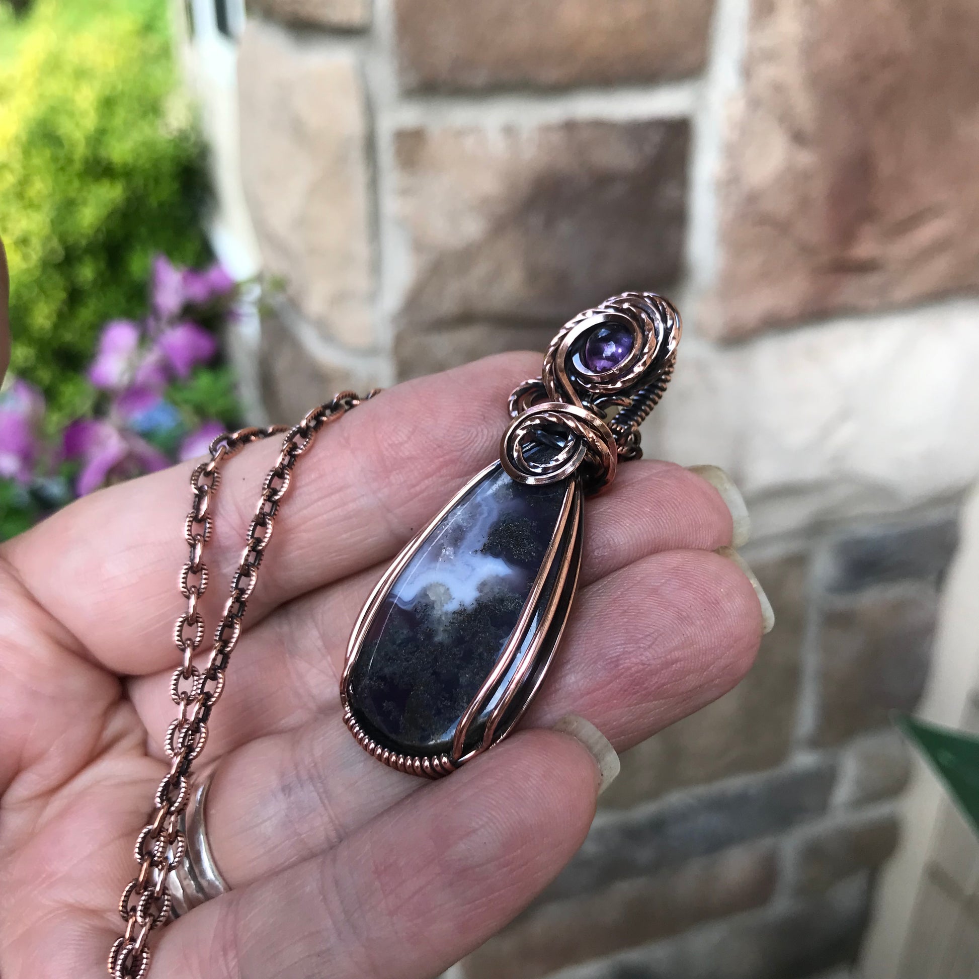 Purple Chalcedony Moss Agate and Amethyst Copper Pendant
