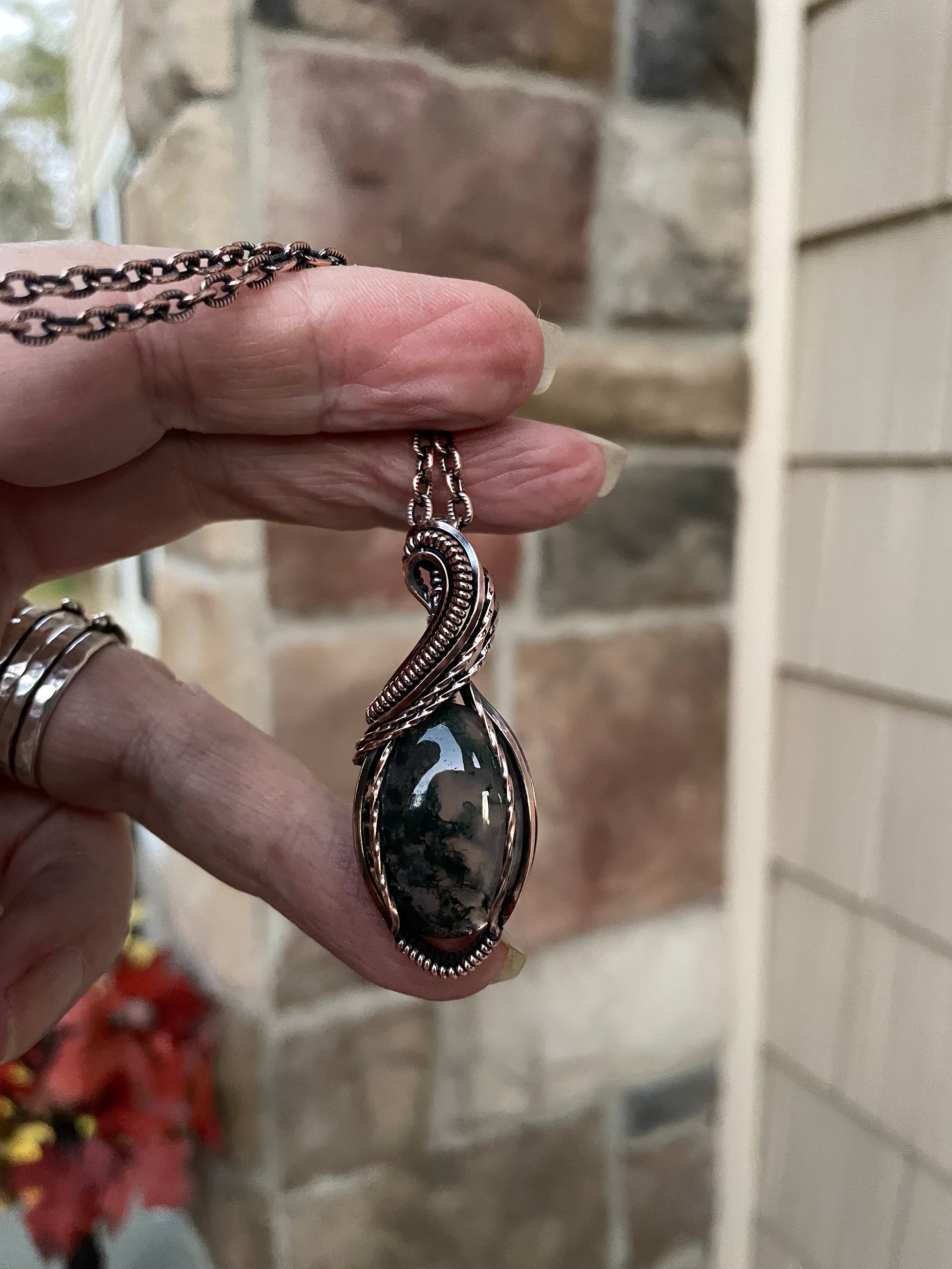 Moss Agate Oval Copper Pendant