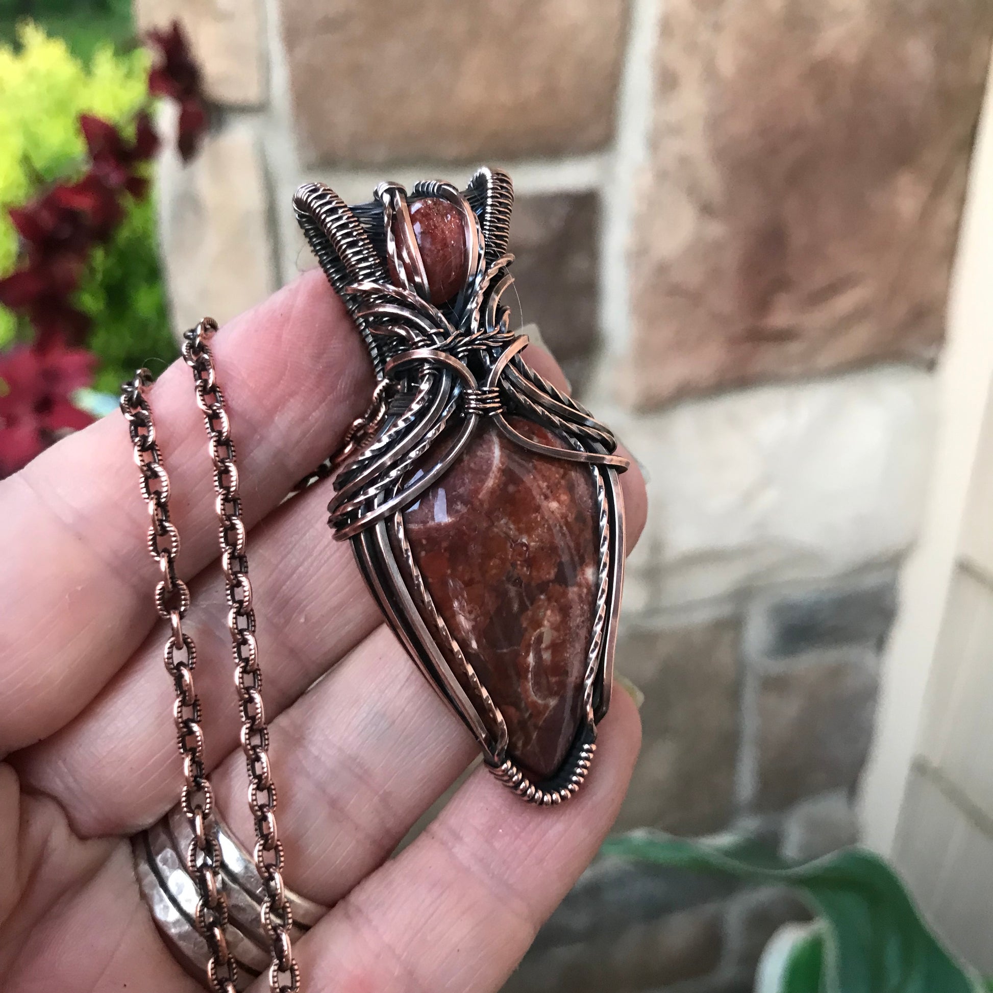 Wildeye Jasper & Sunstone Pendant in Oxidized Copper