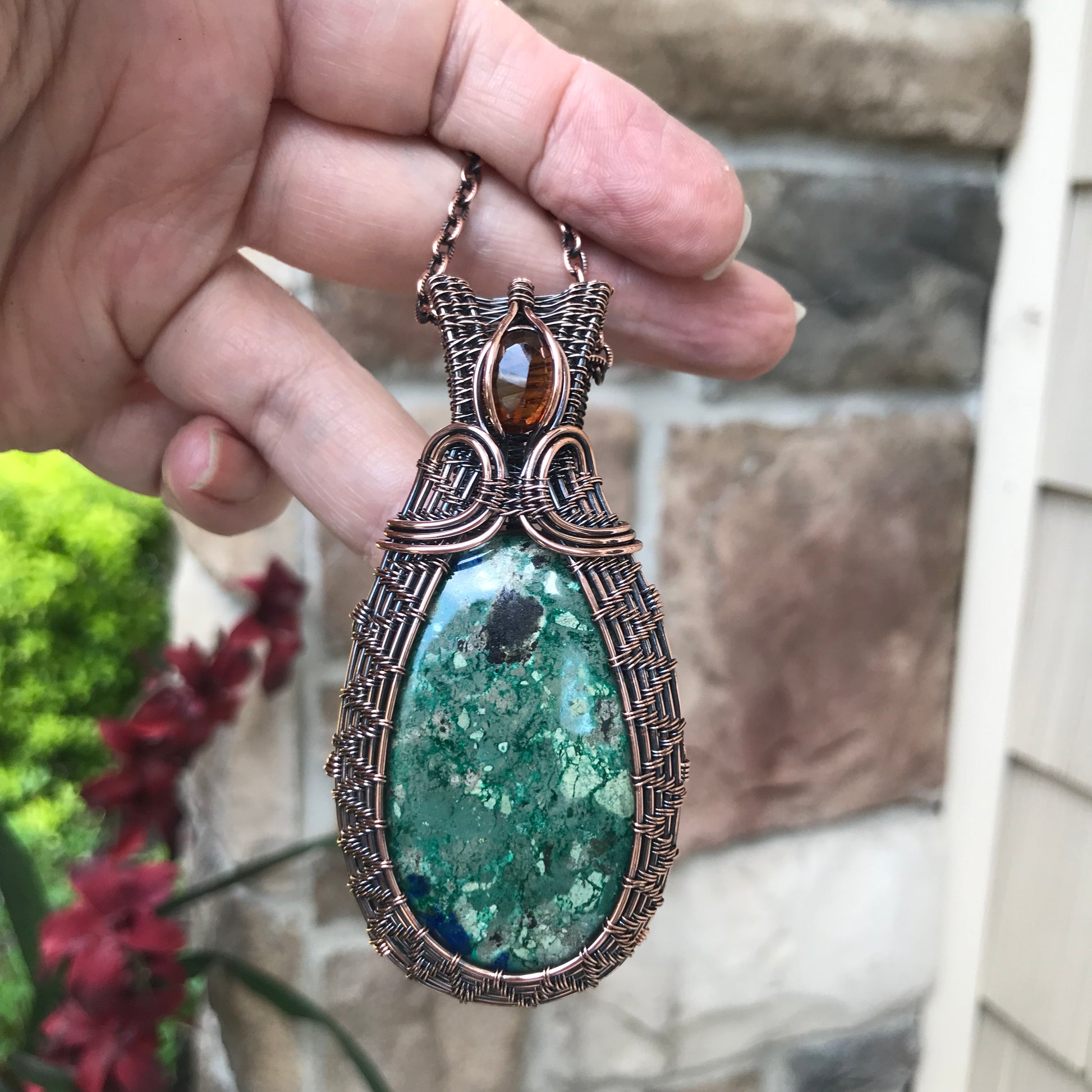 Azurite & Hessonite Garnet Woven Copper Pendant