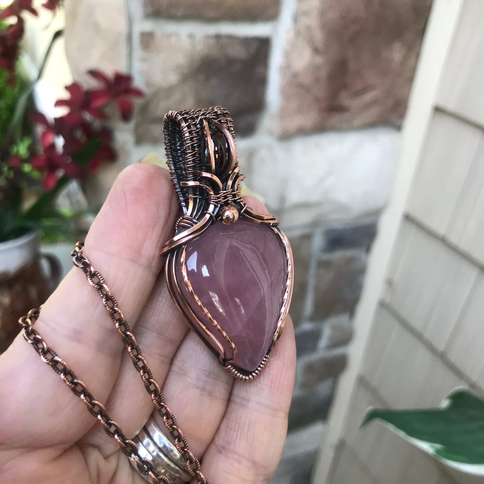 RESERVED for K - Rose Quartz & Garnet Copper Necklace with Weaving