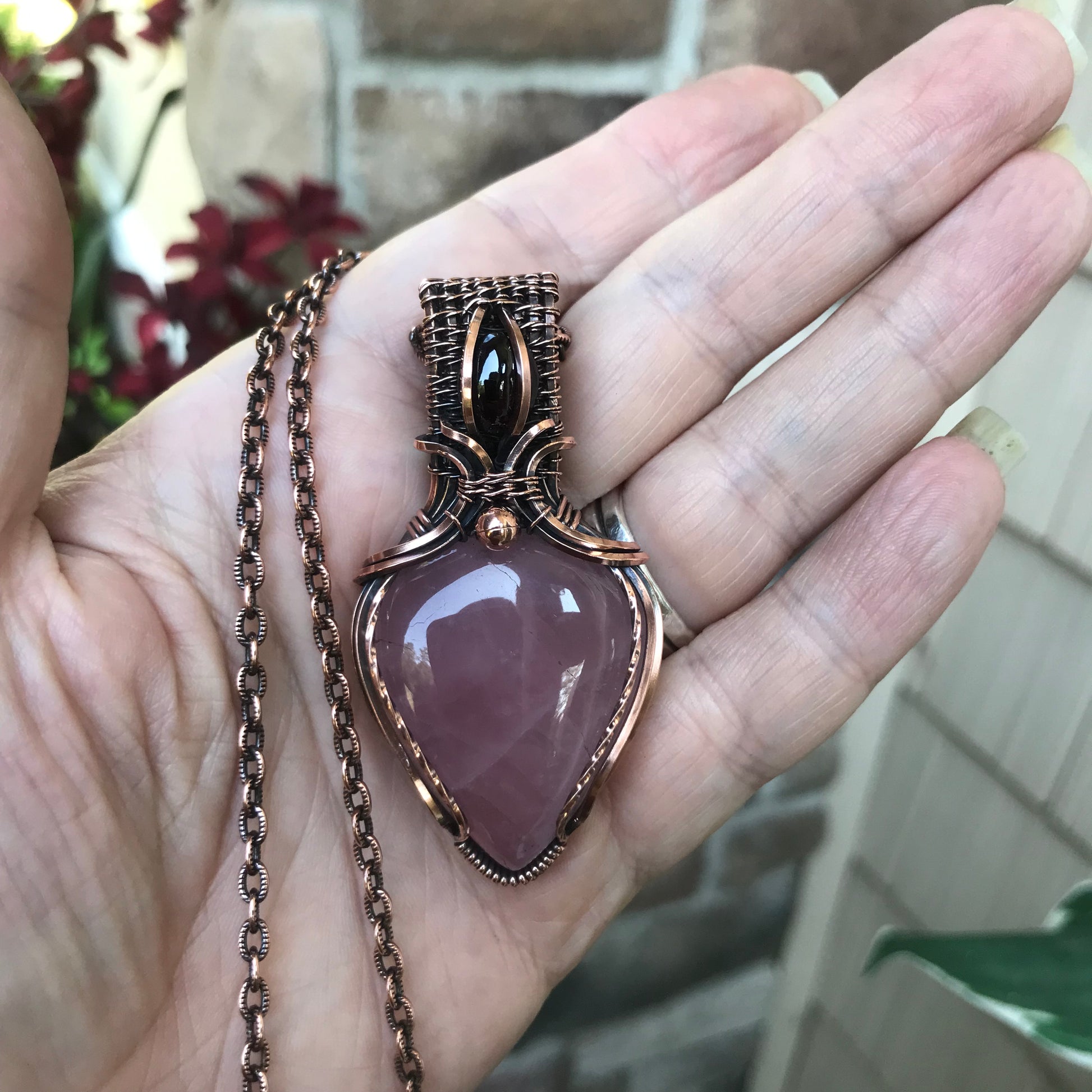 RESERVED for K - Rose Quartz & Garnet Copper Necklace with Weaving