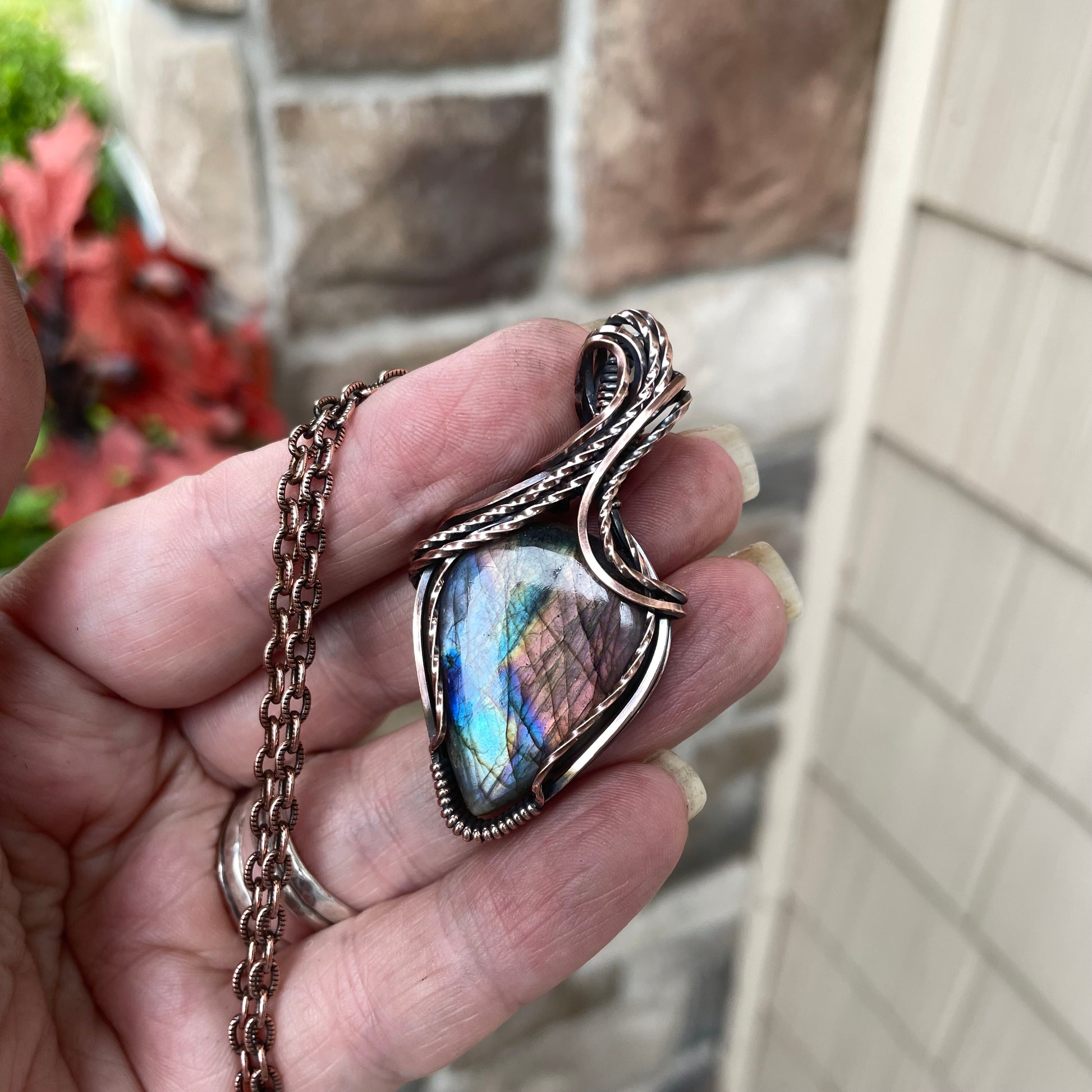 Teal Amber Blue Labradorite Copper Necklace