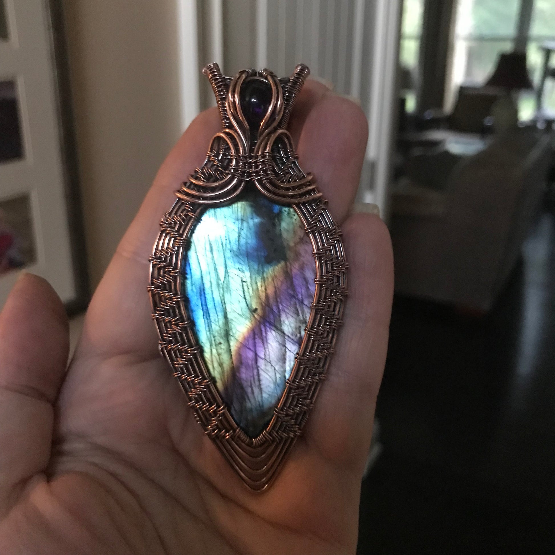 Teal Labradorite & Amethyst Woven Copper Pendant