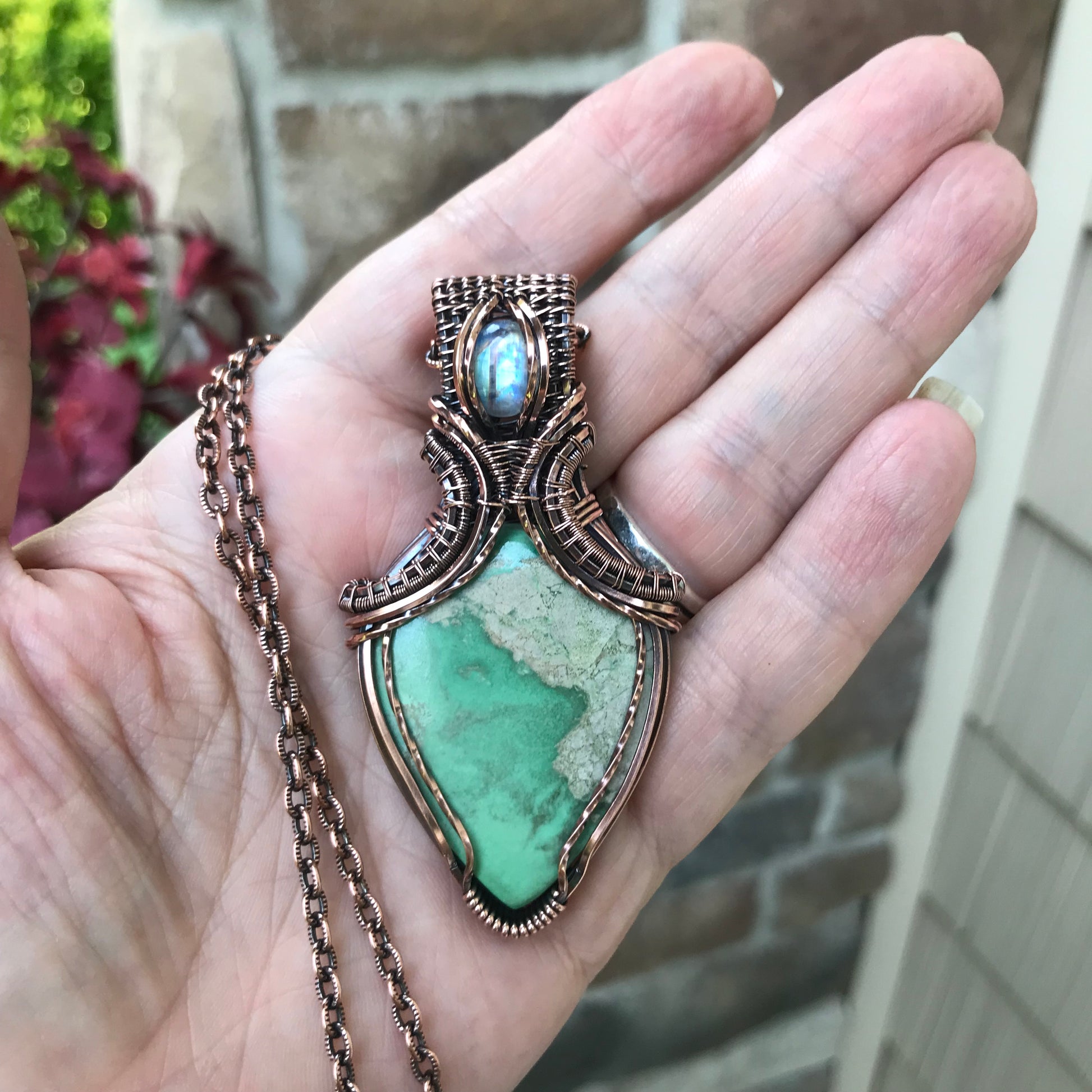 Variscite & Moonstone Copper Pendant with Weaving